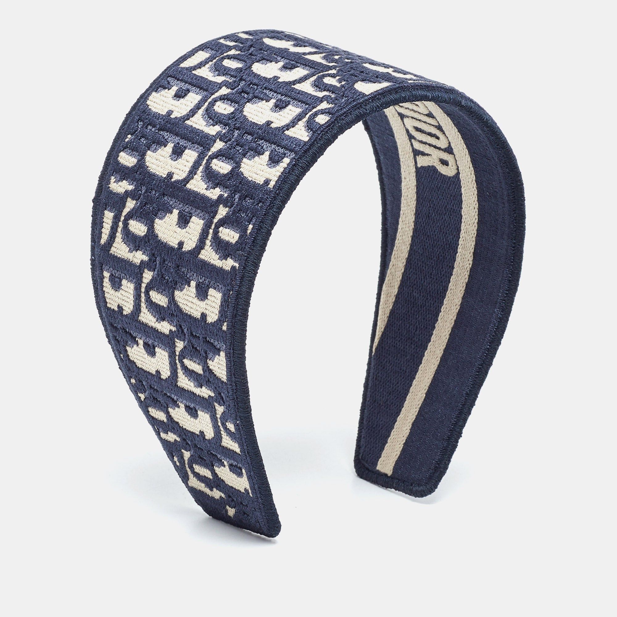 image of Dior Navy Blue Oblique Embroidered Headband, Women's