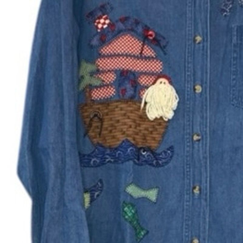 Vintage Haiks Holiday Blue Denim Button Down Shirt Santa Moose Fish Size M / US 6-8 / IT 42-44 - 3 Thumbnail