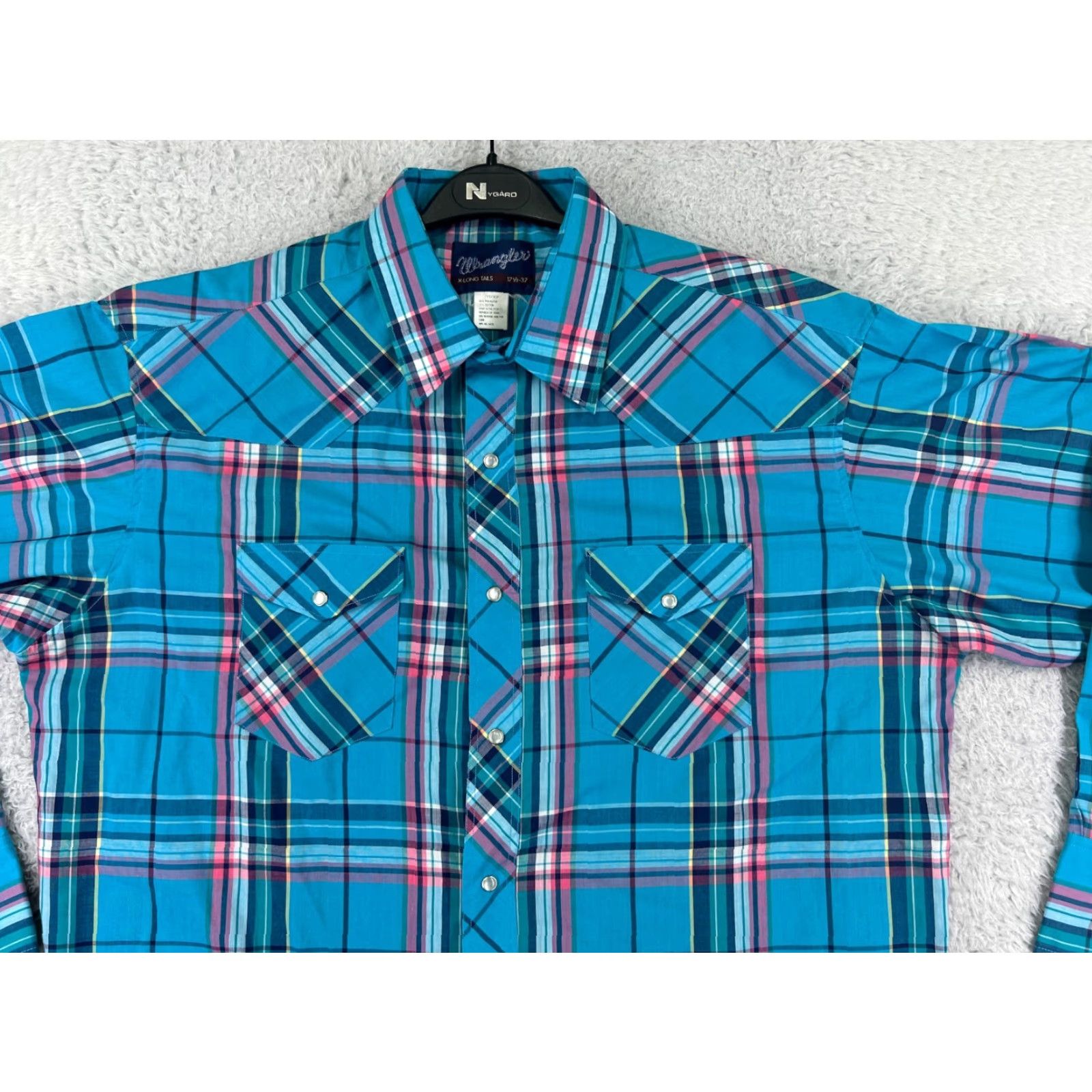 Wrangler Wrangler Shirt Mens Blue Plaid 17.5 Polyester Western Pearl Snap X-Long Tails Button-Up Size US XXL / EU 58 / 5 - 4 Thumbnail
