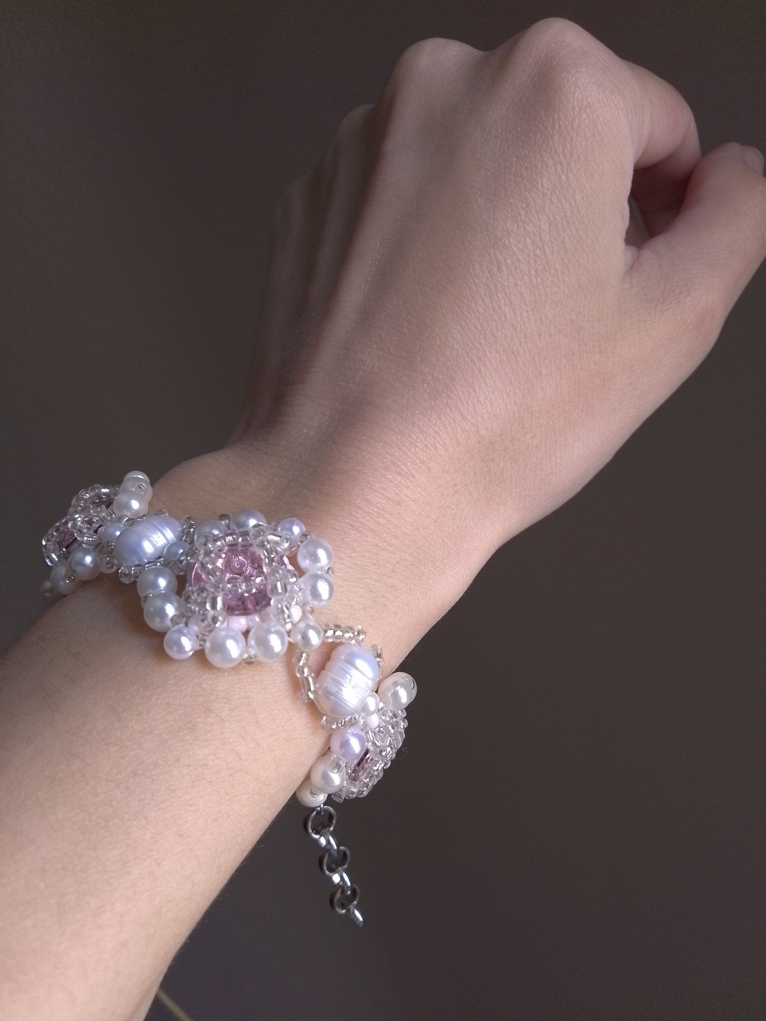 Handmade Jewelery Set Bracelet earrings pink zircons natural pearls Size ONE SIZE - 4 Thumbnail