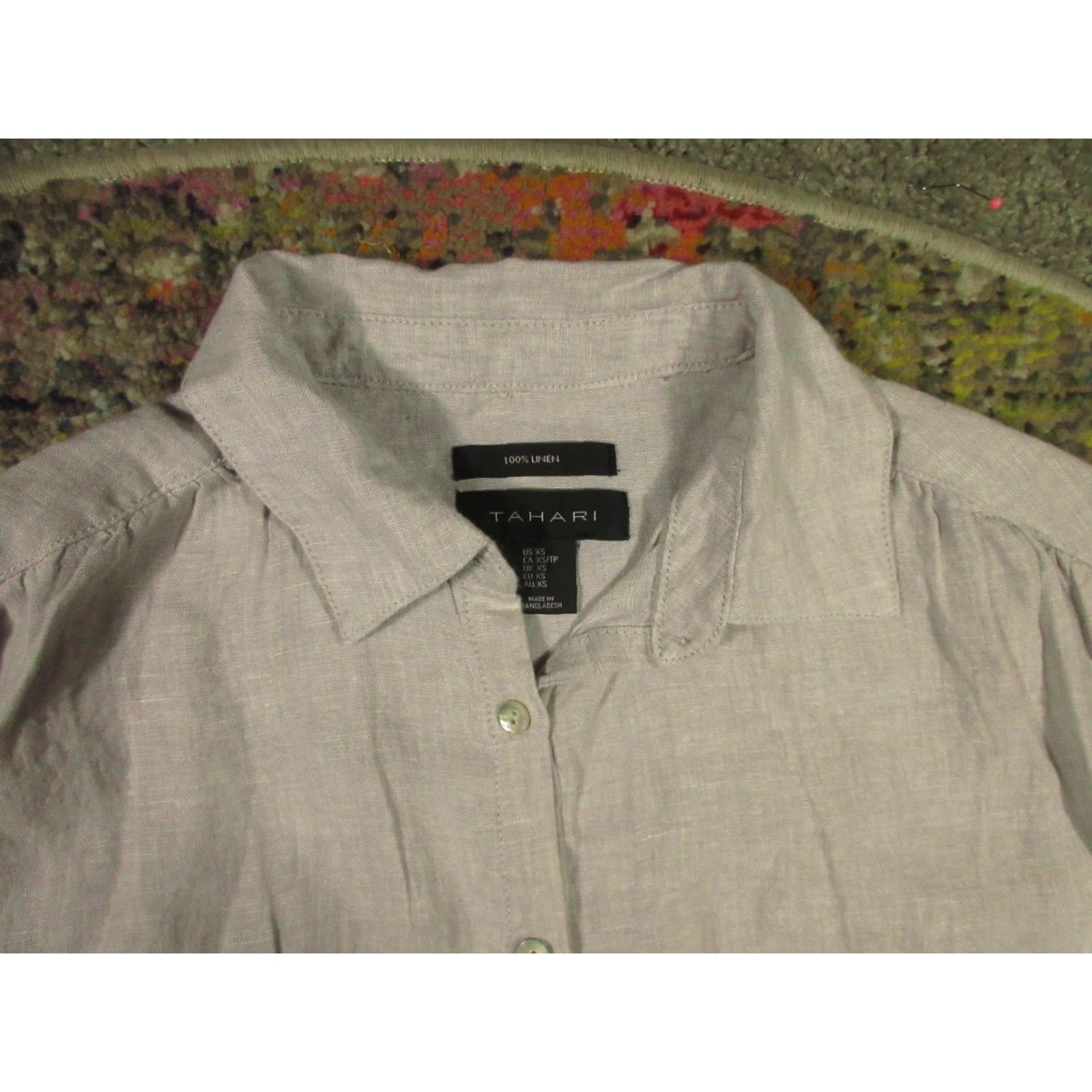Vintage Tahari Linen Shirt Dress Womens XS Gray Short Sleeve Button Front Collared Bohemian Basic Dress Size XS / US 0-2 / IT 36-38 - 3 Thumbnail