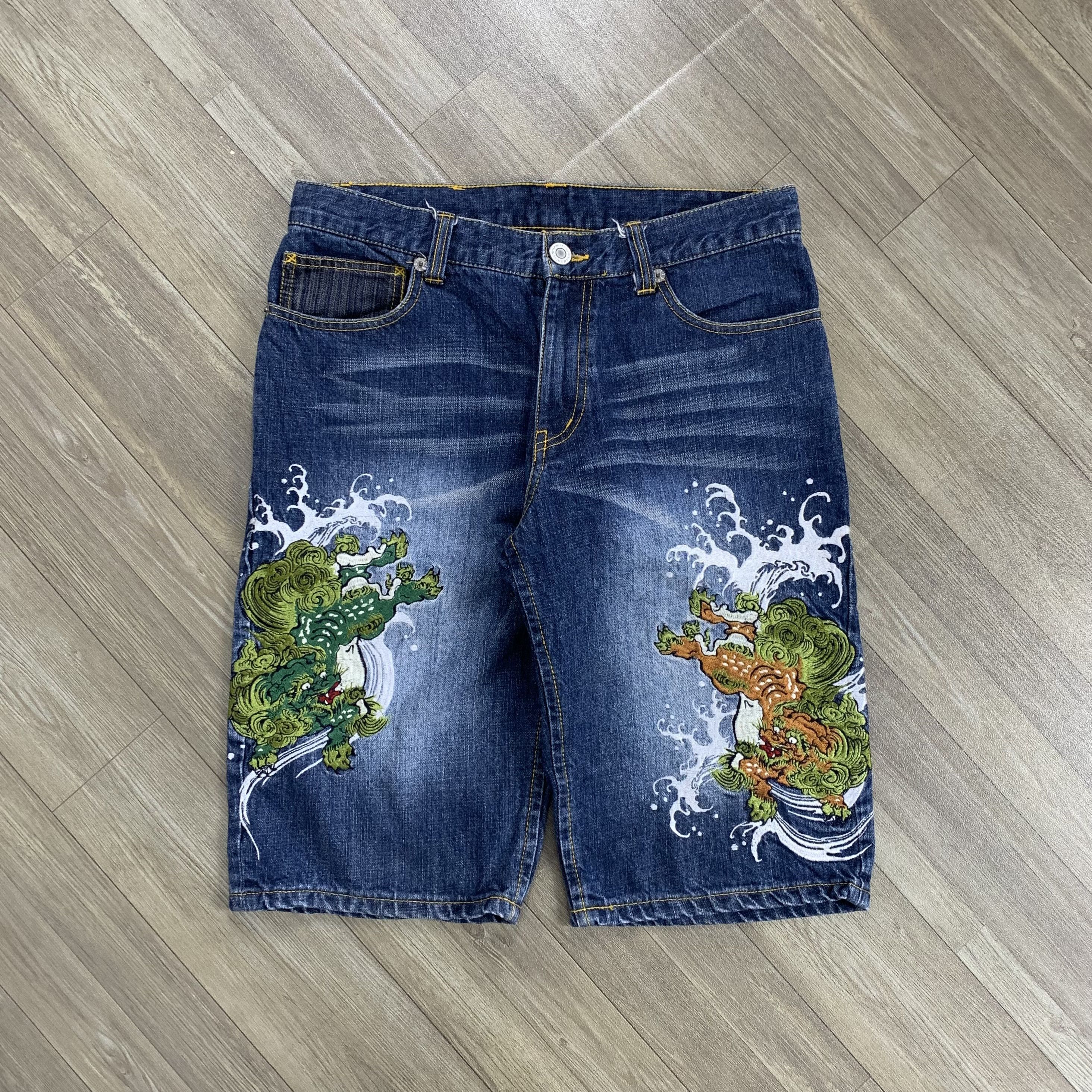 Karakuri Tamashii Naminoritajsujin Karakuri Embrodiery Jorts Denim Pants Size US 32 / EU 48 - 1 Thumbnail