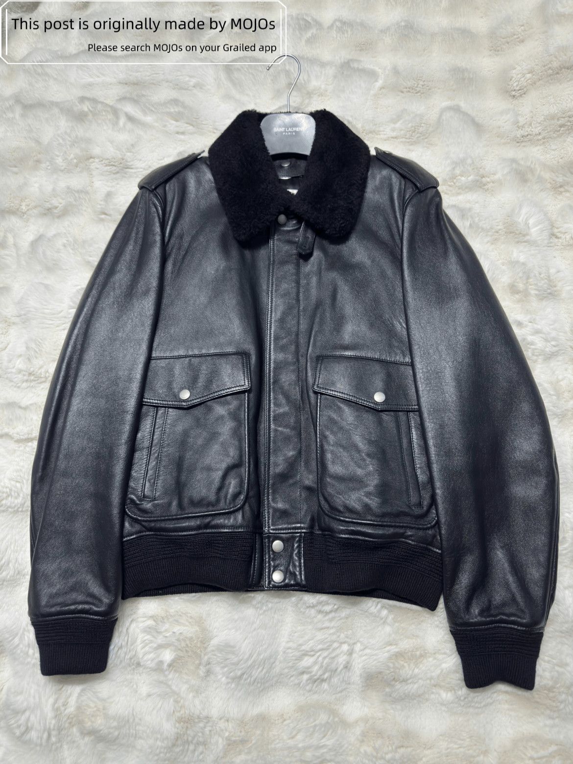 Sz 52 Saint Laurent Paris Fur Neck Heavy Leather Jacket