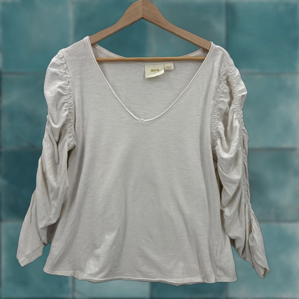 Vintage Maeve Shirt Womens Medium White Ruched Sleeve V Neck Cotton Top Anthropologie Size M / US 6-8 / IT 42-44 - 1 Thumbnail