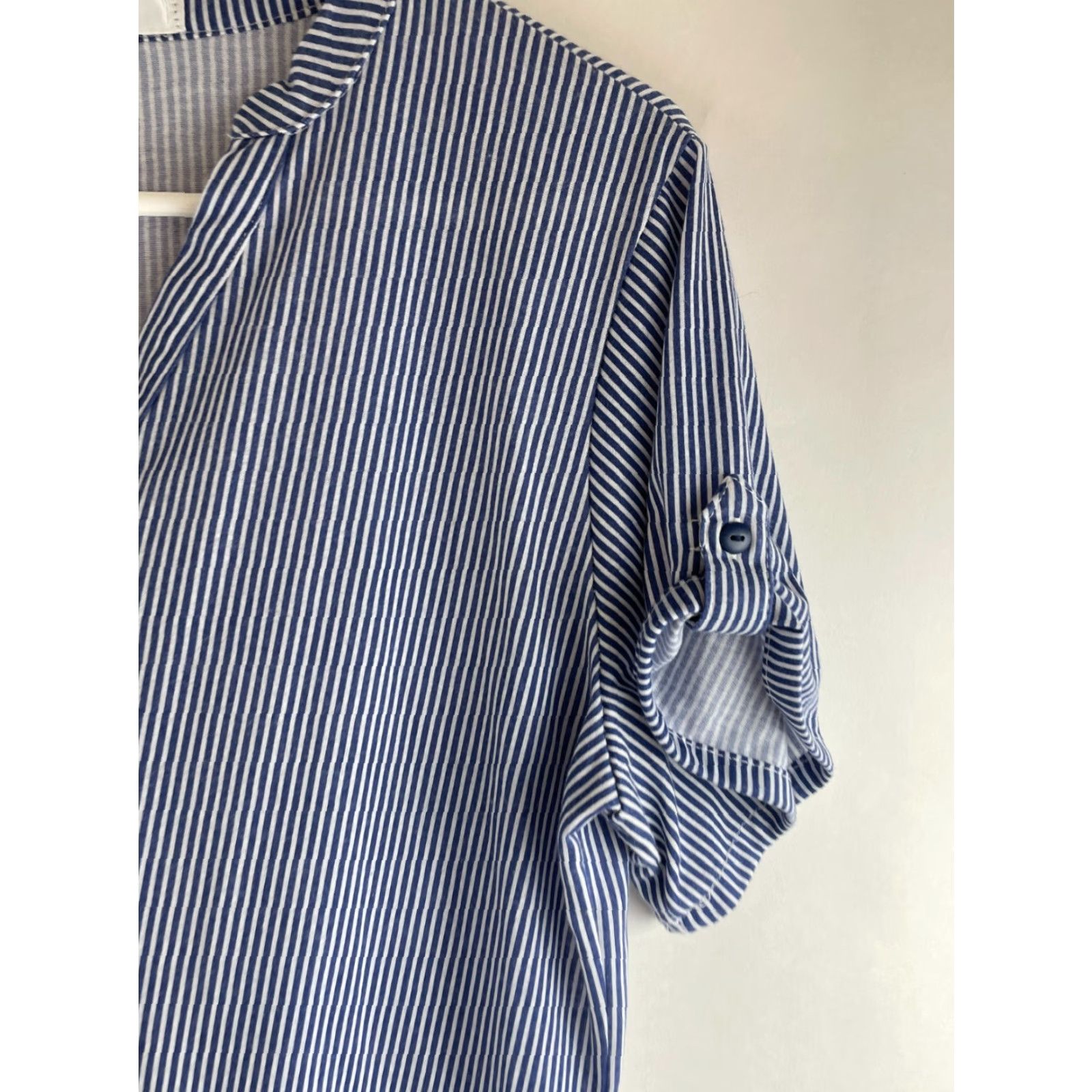 Vintage Eden & Olivia Shirt Women's L Blue White Striped V-Neck Short Sleeve Tabs Shirt Size L / US 10 / IT 46 - 4 Thumbnail