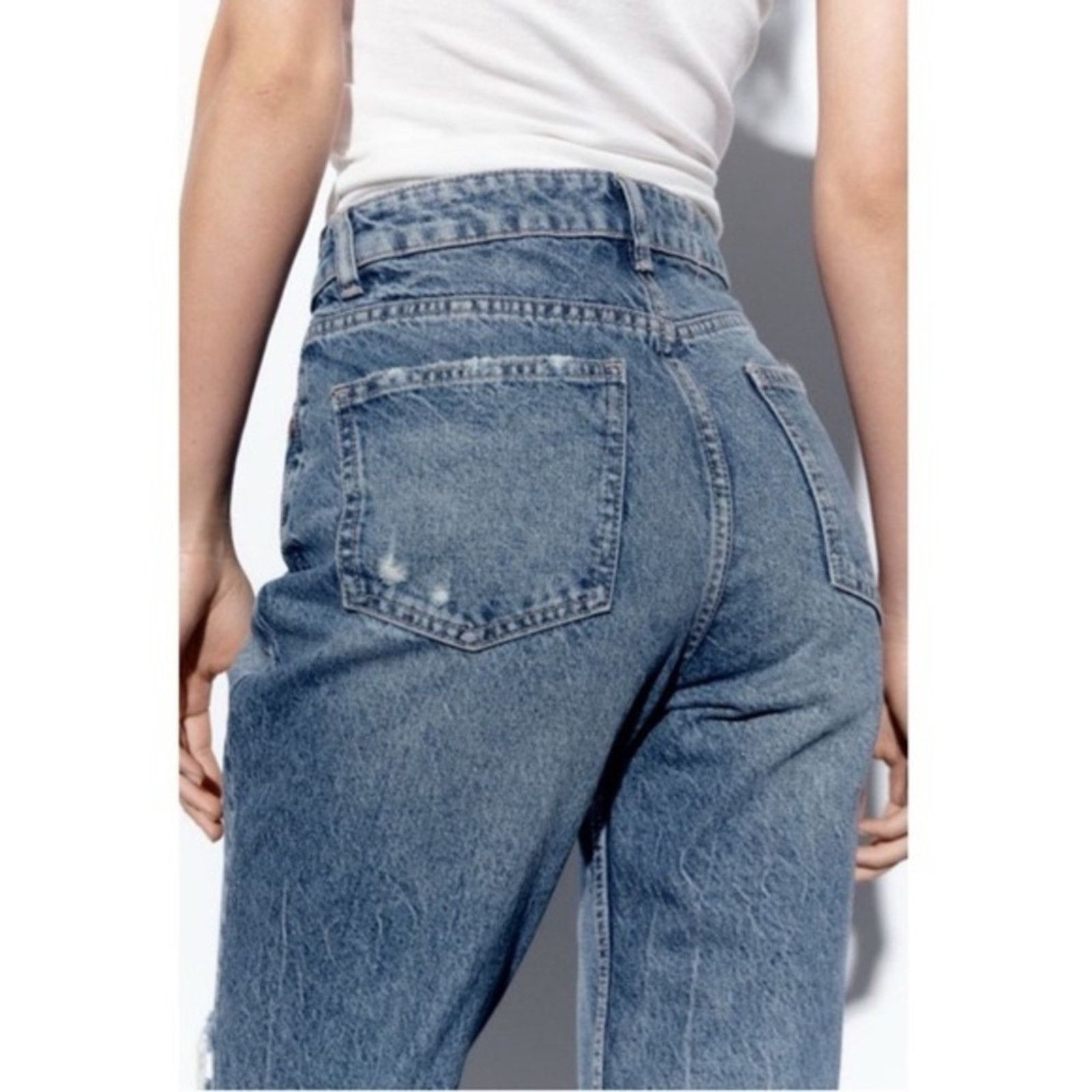 Zara Zara High Waisted Mom Fit Distressed Denim Jeans Womens 6 Size 28" / US 6 / IT 42 - 6 Thumbnail