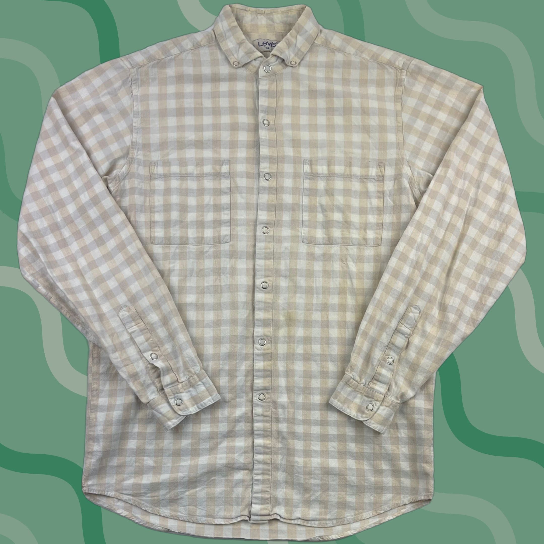 Levi's VINTAGE Levi’s Men’s White Beige Checkered Long Sleeve Snap Front Shirt M Casual Button-Up Cotton Polyester 70s 80s Western Rockabilly Classic Mens Size US M / EU 48-50 / 2 - 1 Thumbnail