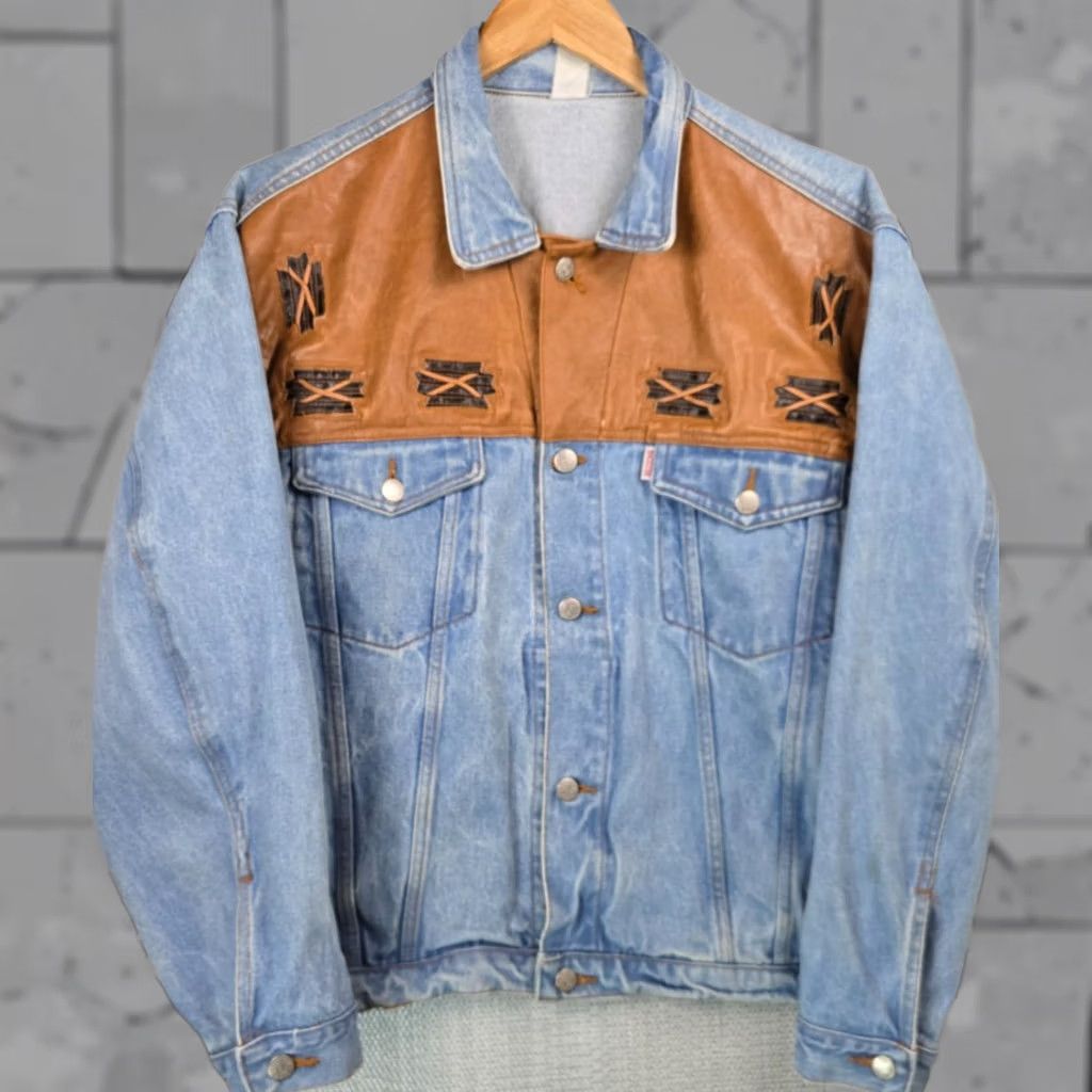 Denime SHOOTER VTG Mens Size Large Western Denim Leather Trucker Jacket Button Front Size US L / EU 52-54 / 3 - 1 Thumbnail