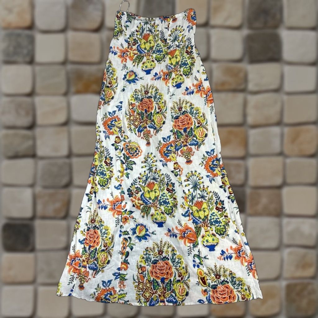 Anthropologie Dress Womens XS White Blue Yellow Linen Knit Midi A-Line Sleeveless Floral Sundress Party/Cocktail Casual Womens