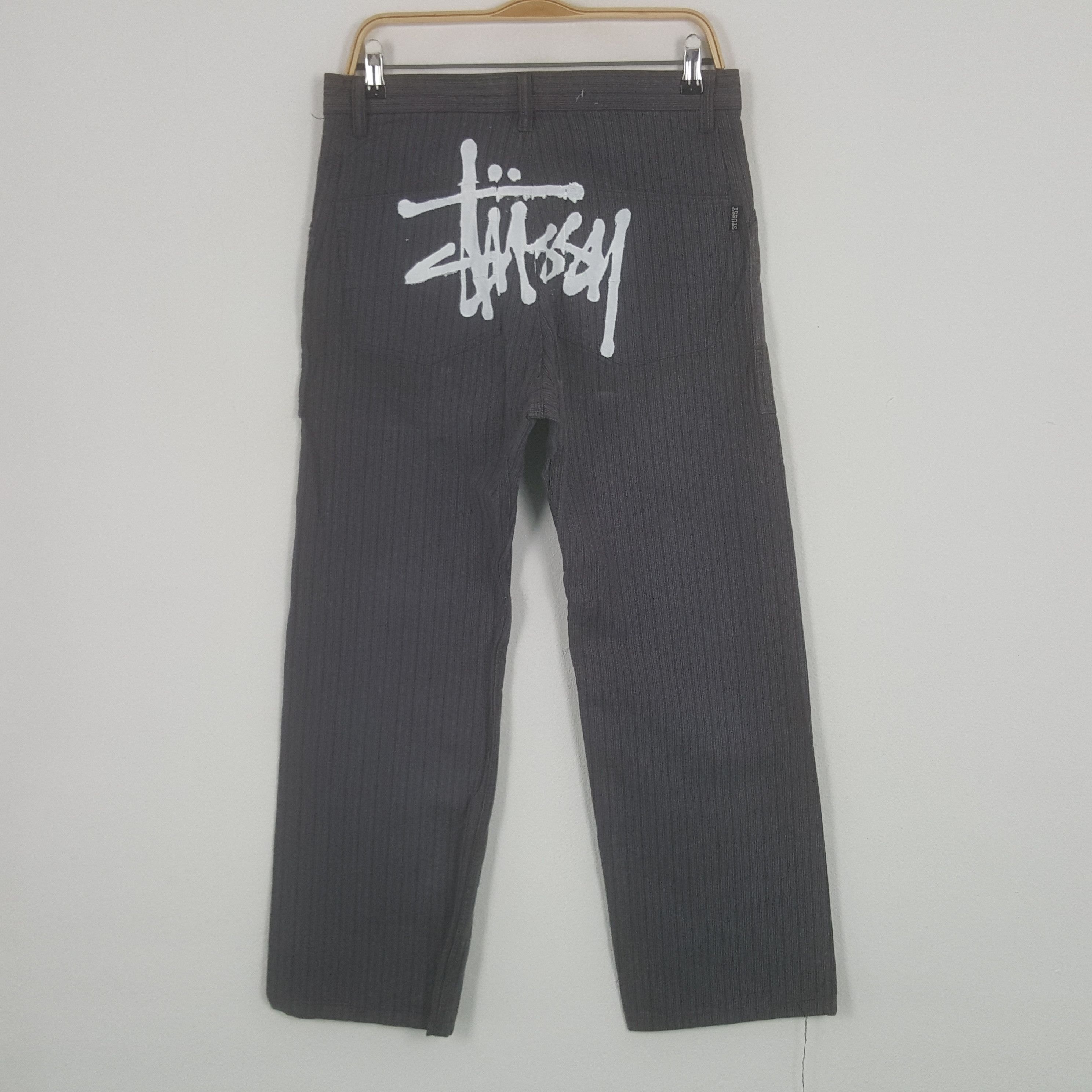 Vintage Vintage Stussy USA Workgear Striped Custom Art Logo Pants | Grailed