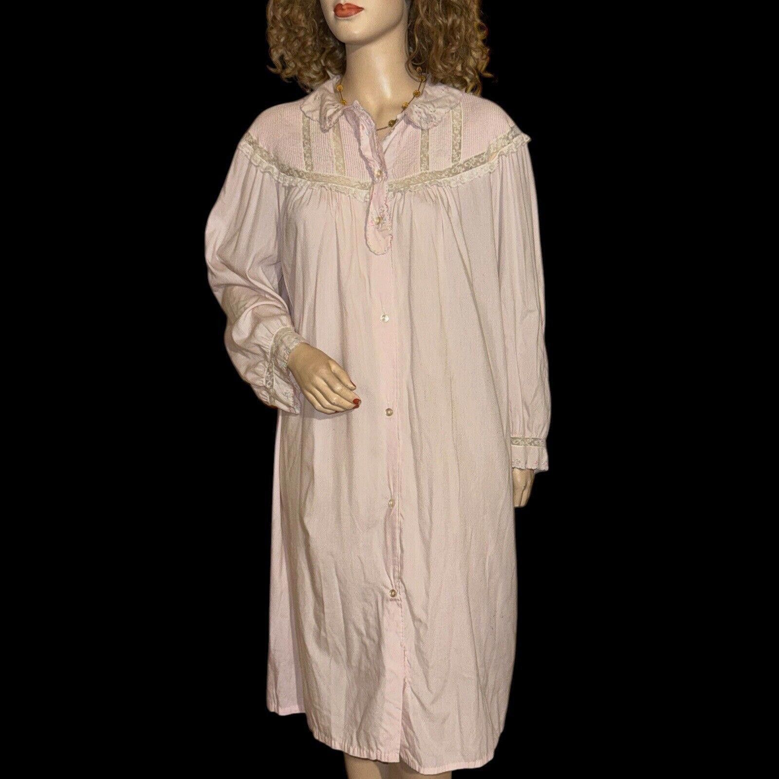Designer Vtg Pink Barbizon Flannel Pin Tucked Button Up Nightgown L Size ONE SIZE - 3 Thumbnail