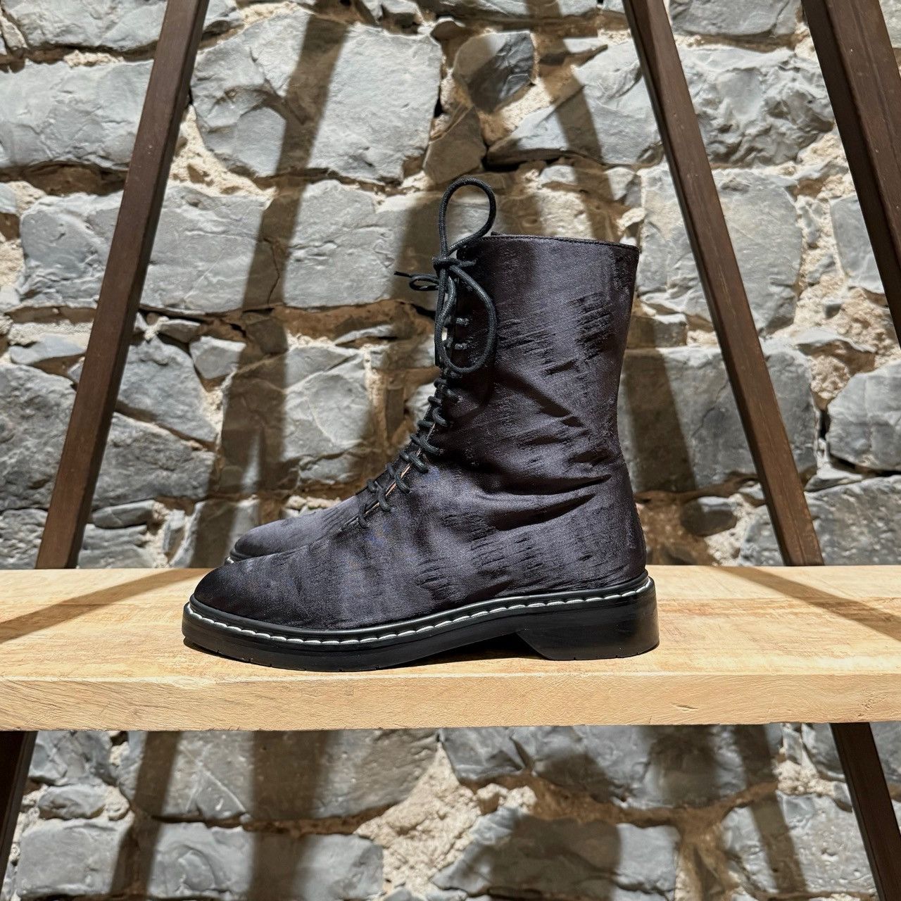 The Row The Row Charcoal Silk Wool Fara Distressed Combat Boots Size US 5.5 / IT 35.5 - 6 Thumbnail