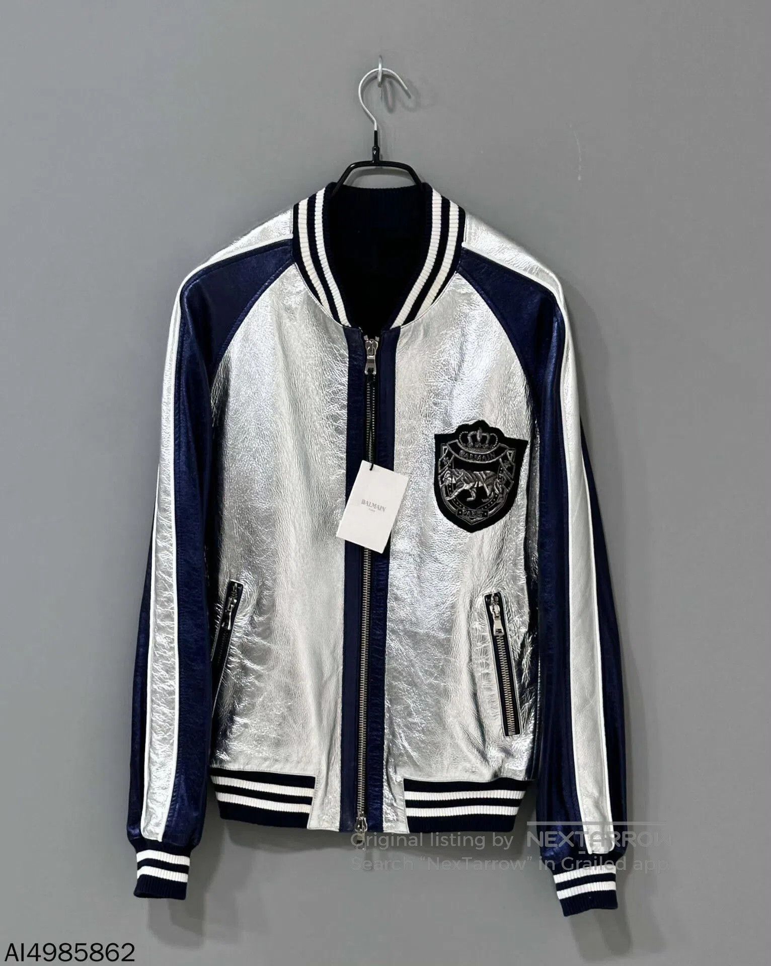 Balmain silver and navy bomber jacket by balmain. Size US L / EU 52-54 / 3 - 1 Thumbnail
