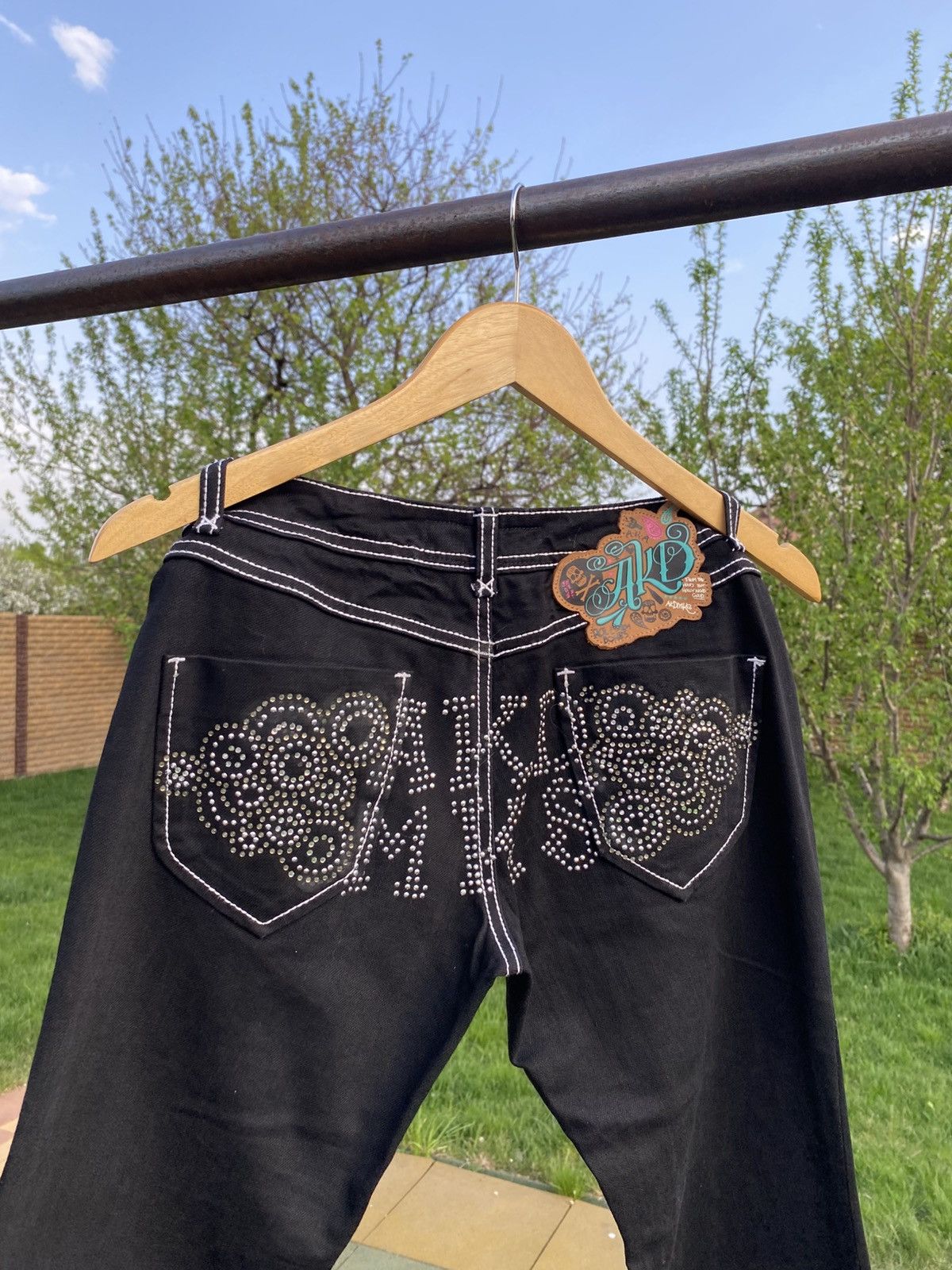 Akademiks × Vintage Y2K Akademiks Sample Jeans Rhinestones Skull Print (2007) Size 27" / US 4 / IT 40 - 9 Thumbnail