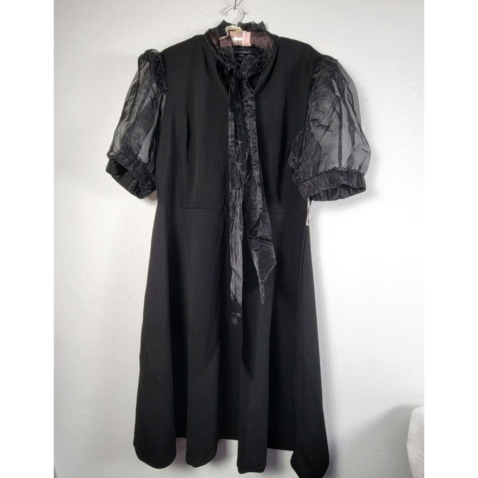 Vintage Ashley Stewart Dress Organza Puff Sleeve Tie Neck Black Size 16 Stretch New Size XXL / US 16-18 / IT 52-54 - 2 Thumbnail
