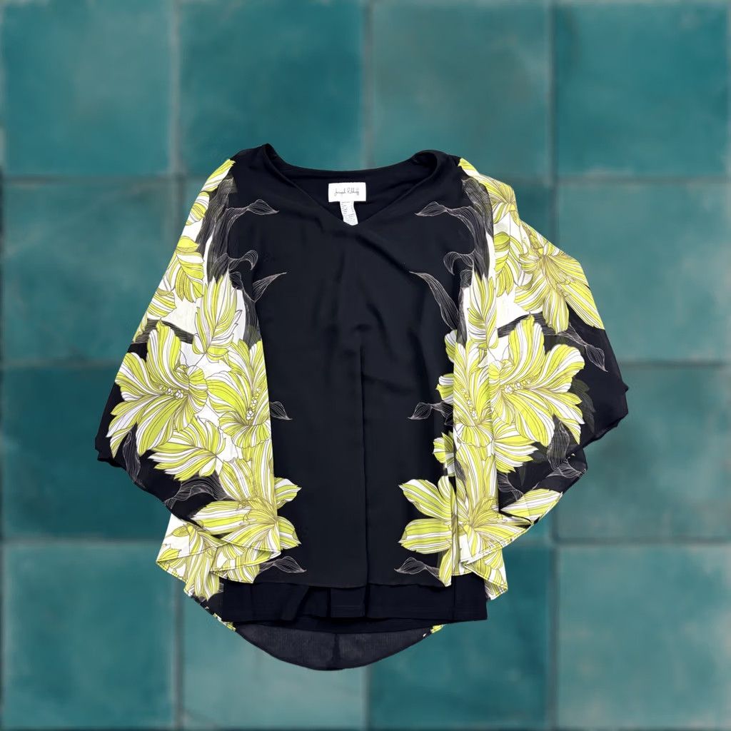 Joseph Ribkoff Joseph Ribkoff Blouse Womens 12 Black Floral Kimono Sleeve Sheer Overlay Poncho Dressy Shirt Size XL / US 12-14 / IT 48-50 - 1 Thumbnail