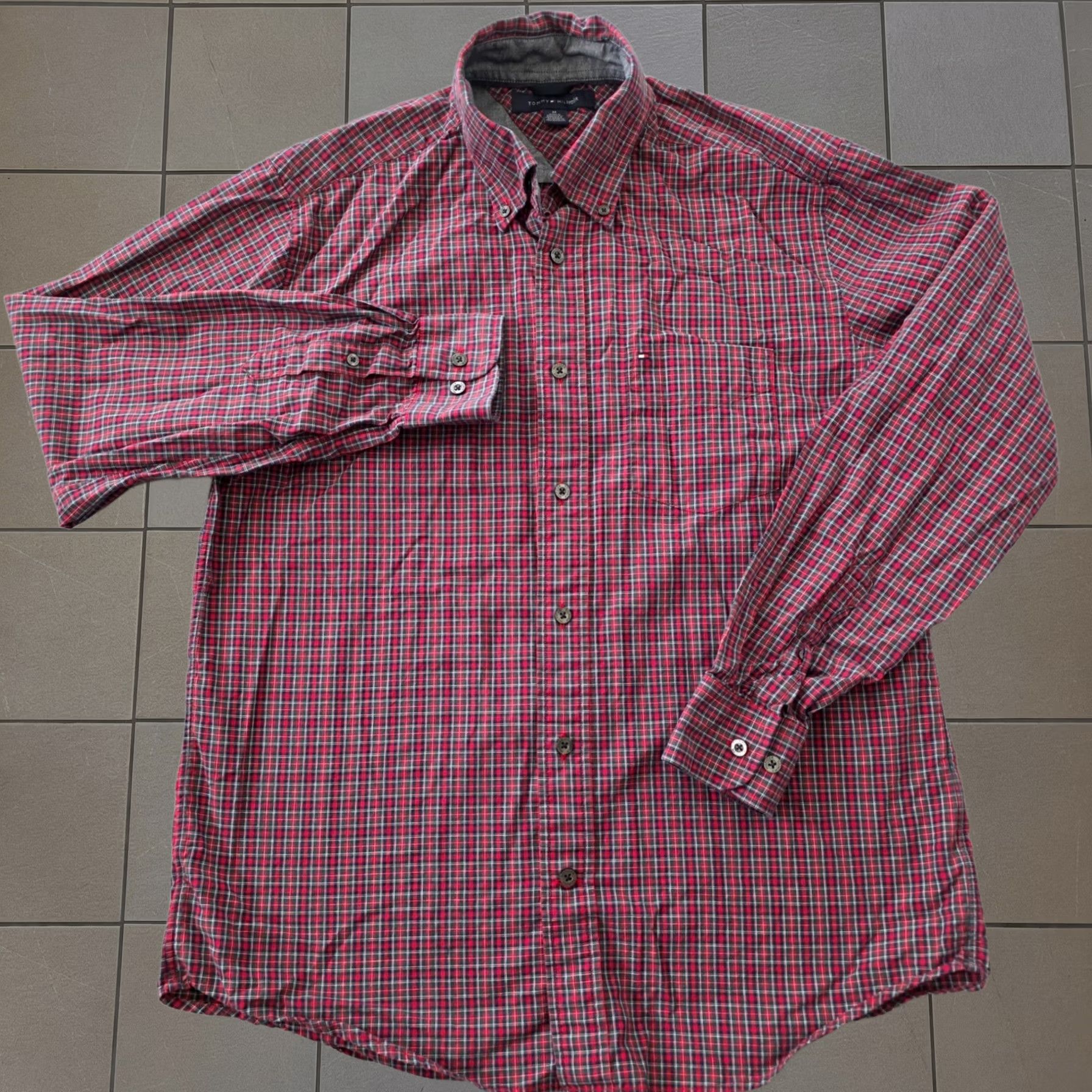 Tommy Hilfiger Shirt Medium Red Navy Blue Green Plaid Cotton Long Sleeve Button-Up Mens, Men's