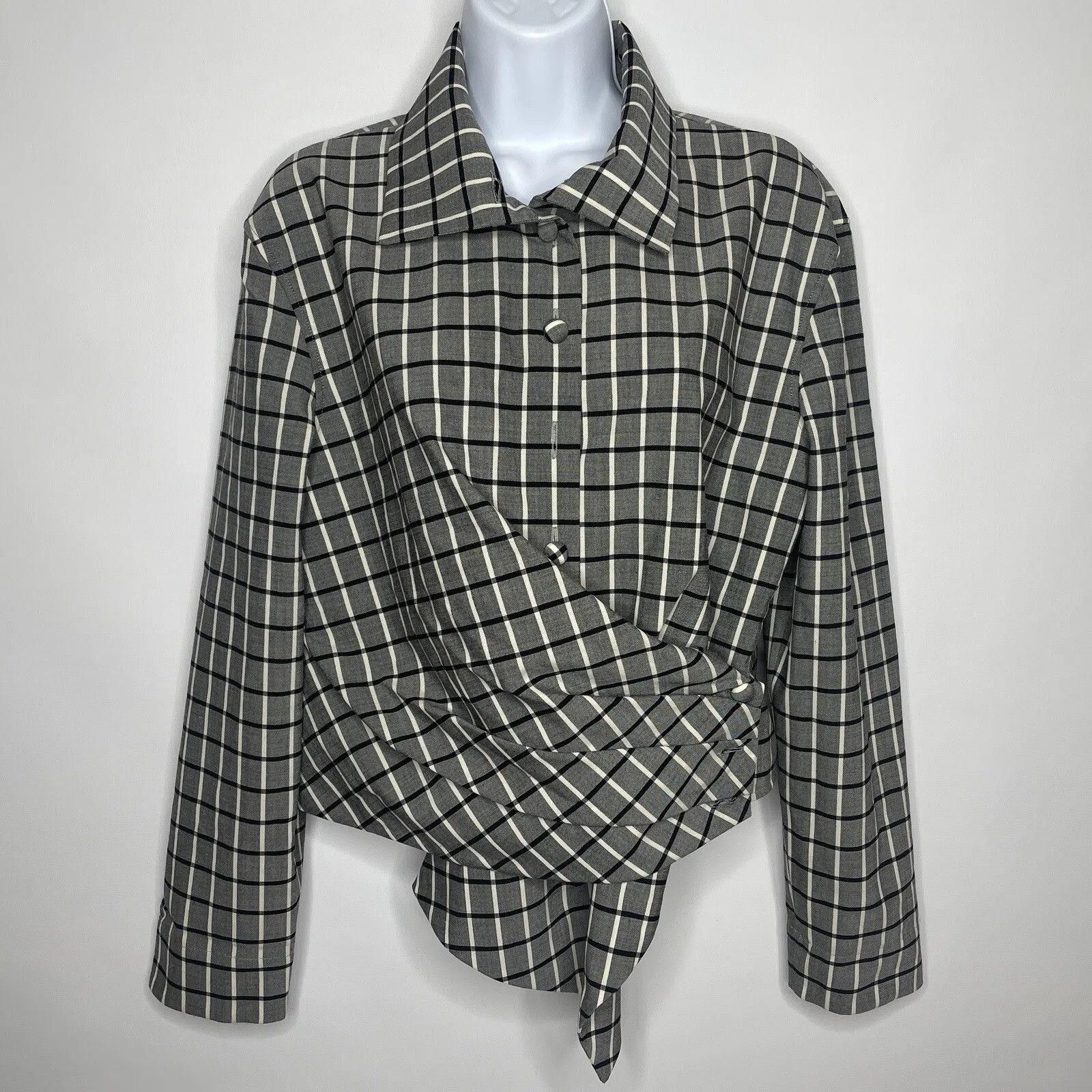 image of Tory Burch Black Ivory Plaid Asymmetric Wool Blend Wrap Shirt, Women's (Size Large)