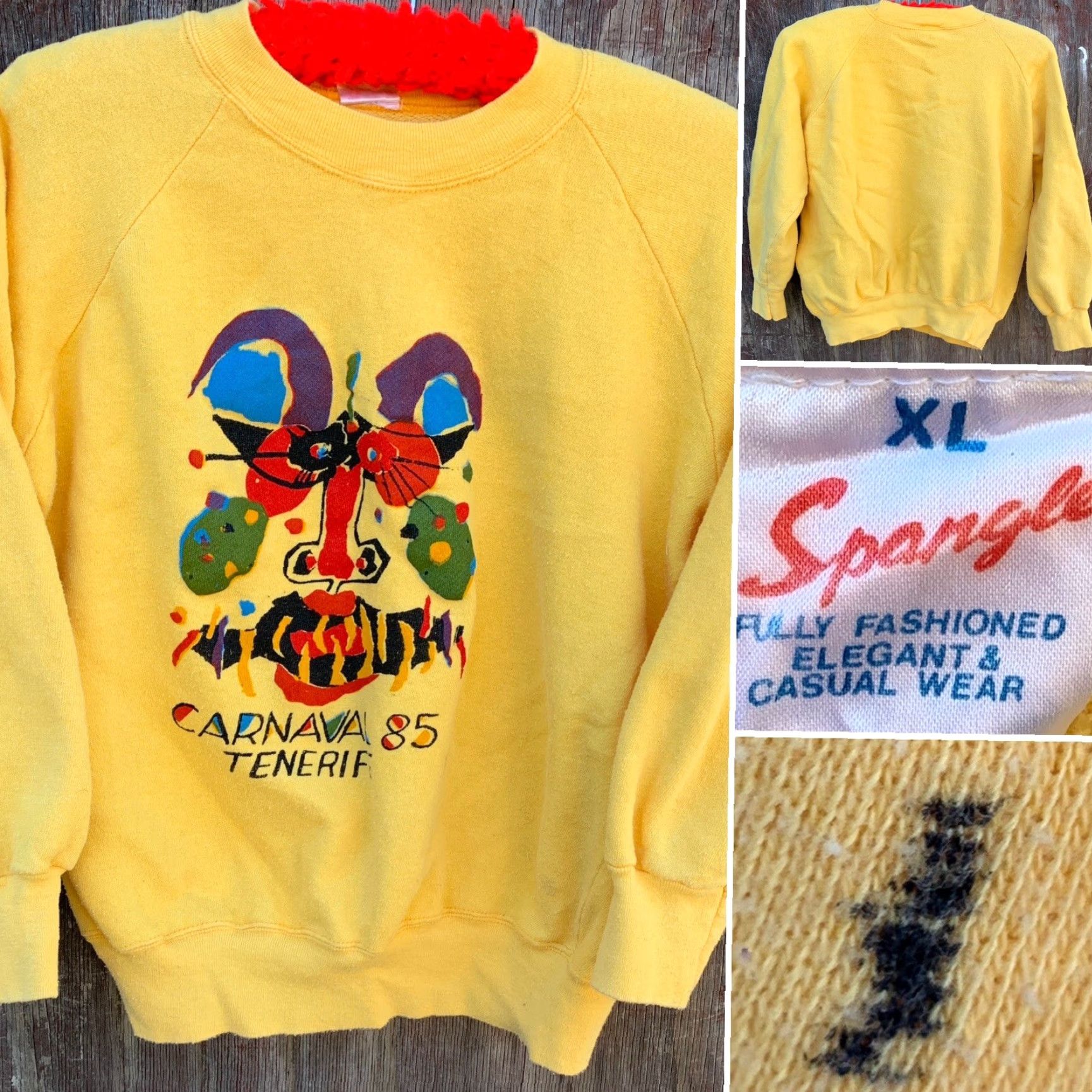 Vintage VINTAGE Carnaval 85 Tenerife Cesar Manrique Art Sweatshirt Raglan 1980s XL Yellow Unisex Adults Pullover Graphic Print 80s Men Women Size US XL / EU 56 / 4 - 2 Thumbnail