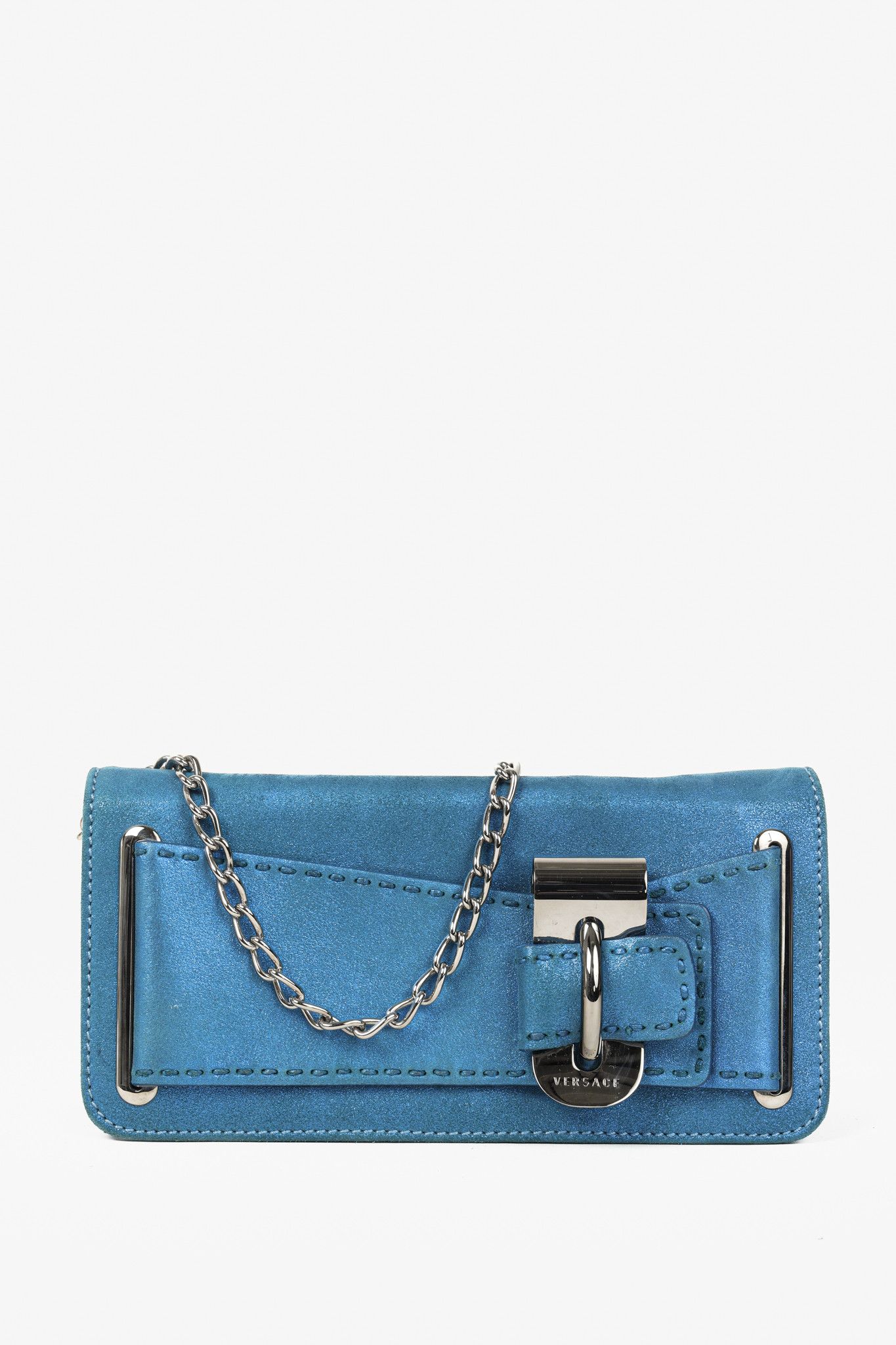 Versace Versace Metallic Aqua Blue Leather Clutch Size ONE SIZE - 1 Thumbnail