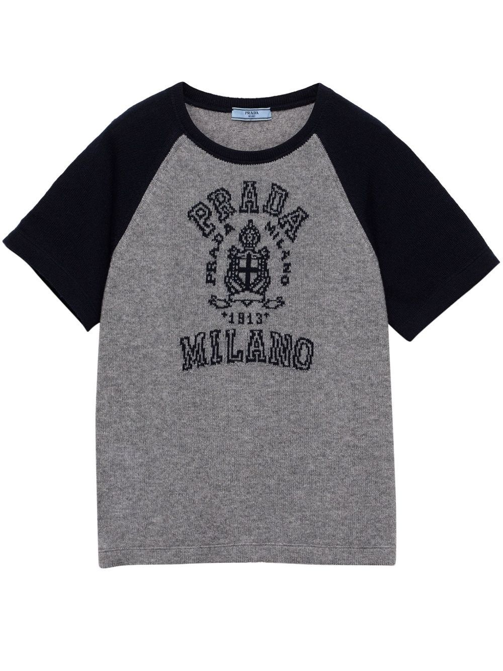 Prada o1bcso1str1025 Cashmere Logo-Intarsia T-Shirt in Grey/Navy Size US L / EU 52-54 / 3 - 1 Thumbnail