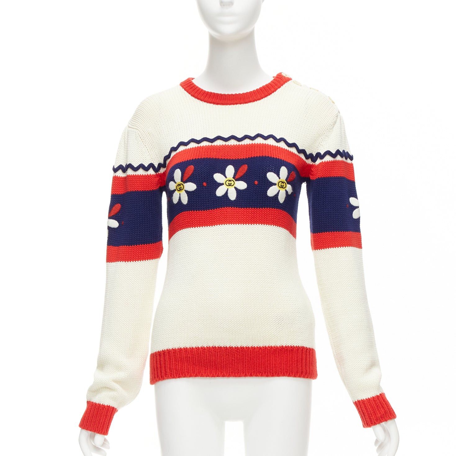 image of Gucci Kids Cream Blue Red Cotton GG Logo Daisy Bateau Sweater I2Y Xs