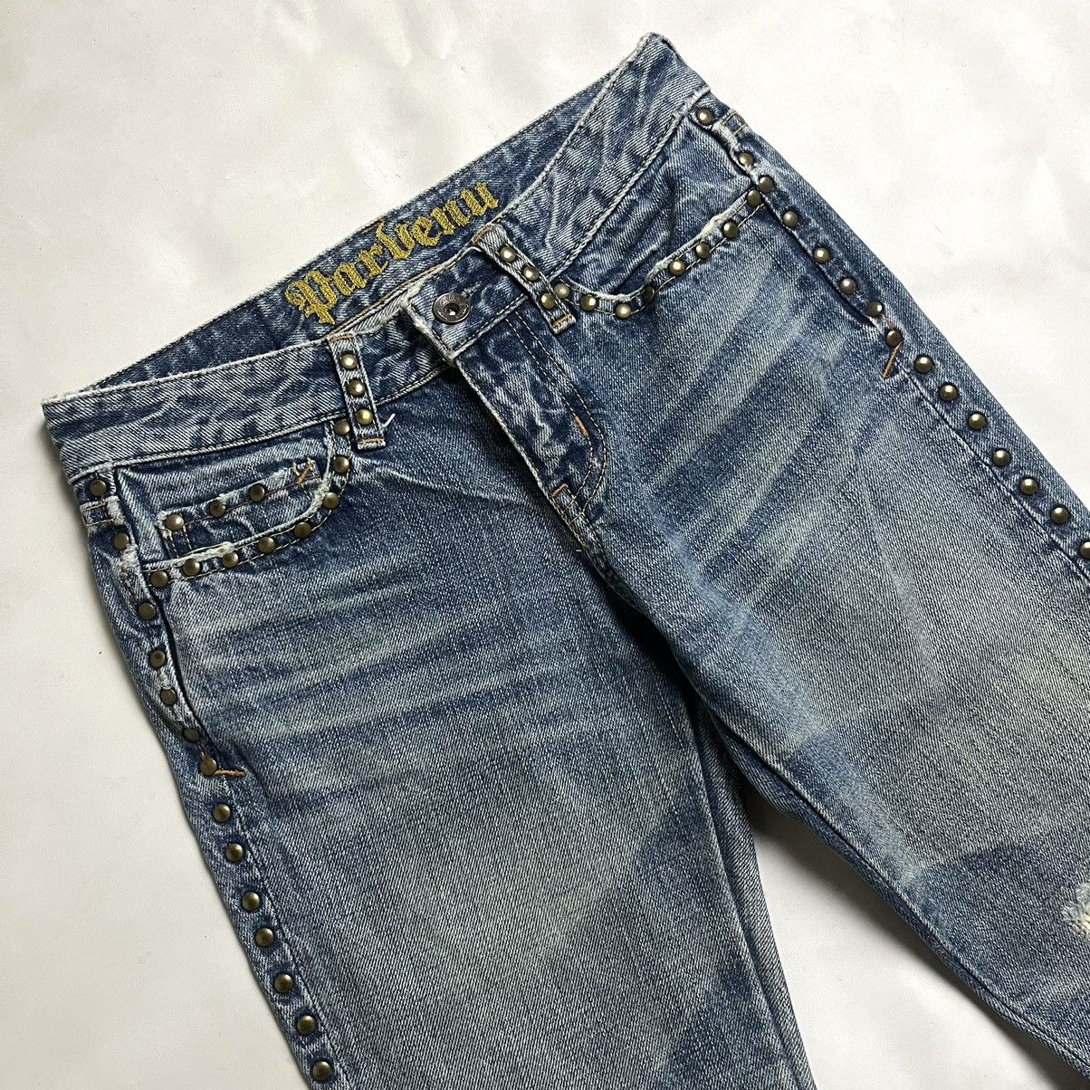 Tornado Mart 🌪️HOT🔥00s Japanese Brand Parvenu Flared studed denim pants Size US 27 - 4 Thumbnail