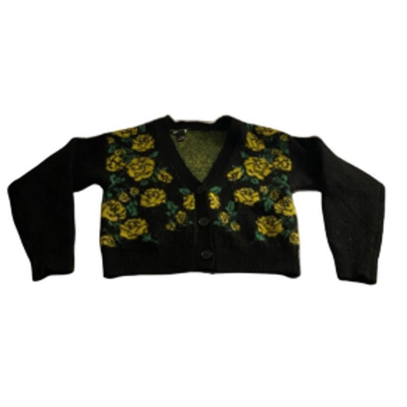 Forever 21 Grunge Floral Cropped Y2K Knit Cardigan Black Yellow Rose Size S / US 4 / IT 40 - 2 Thumbnail