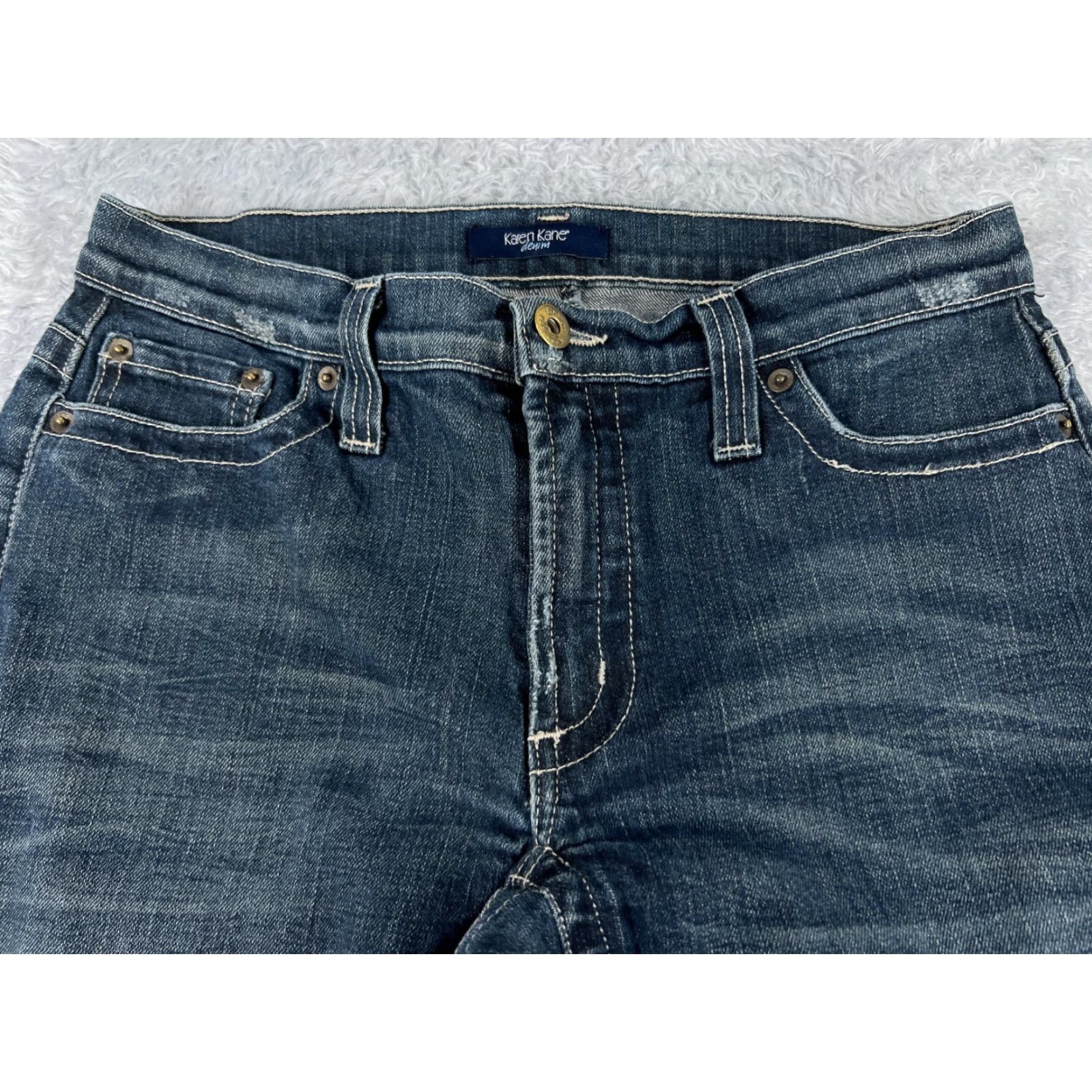 Vintage Karen Kane Jeans Womens 6 Blue Denim Flared Low Rise 27x30 Cotton Blend Size 28" / US 6 / IT 42 - 4 Thumbnail