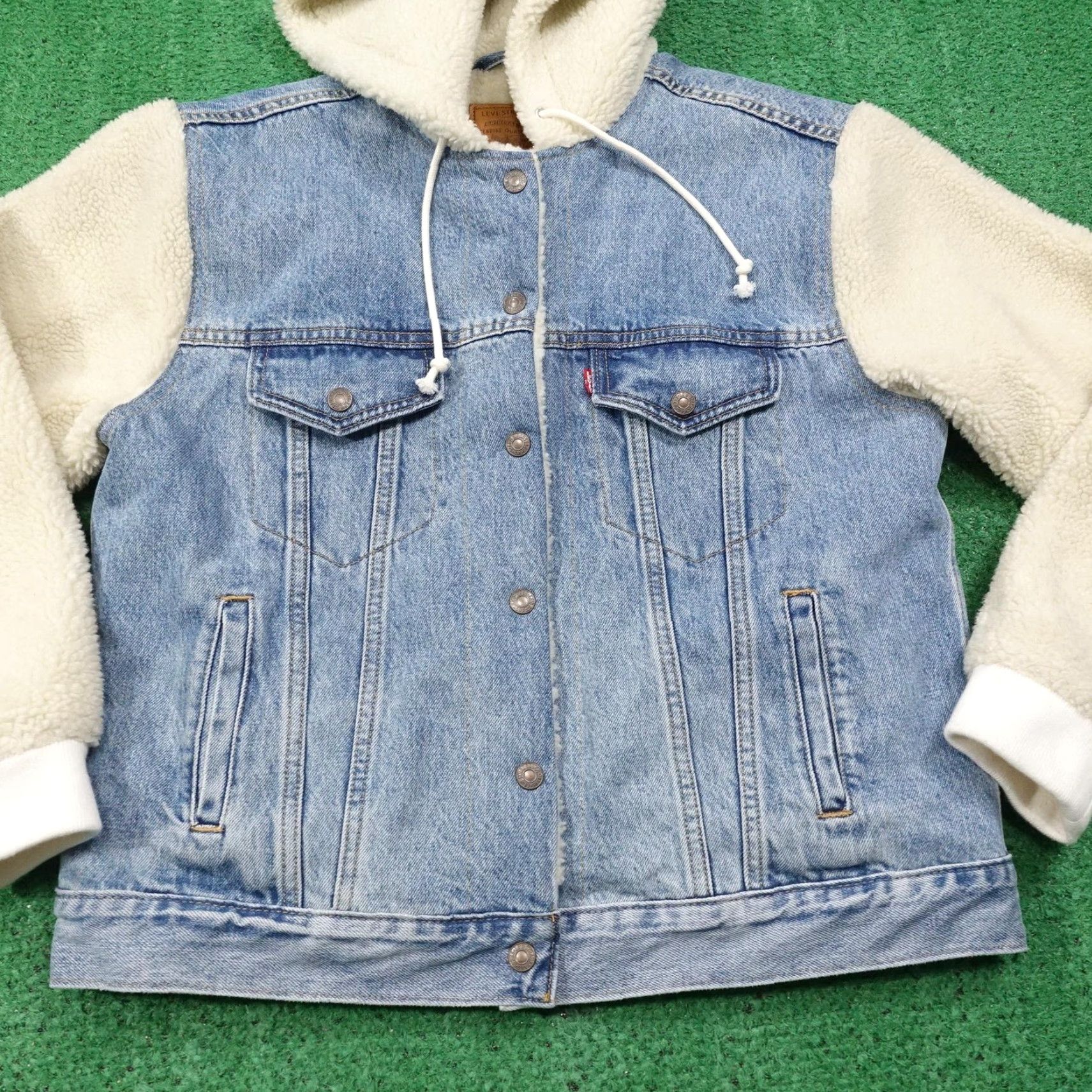 Levi's VINTAGE Levis Denim Trucker Jacket Womens Large Ex-Boyfriend Sherpa Sleeve Hood Premium Size L / US 10 / IT 46 - 3 Thumbnail
