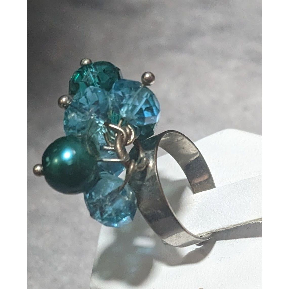 Other Blue Beaded Silver Tone Adjustable Cluster Ring Size 6 Size ONE SIZE - 4 Thumbnail