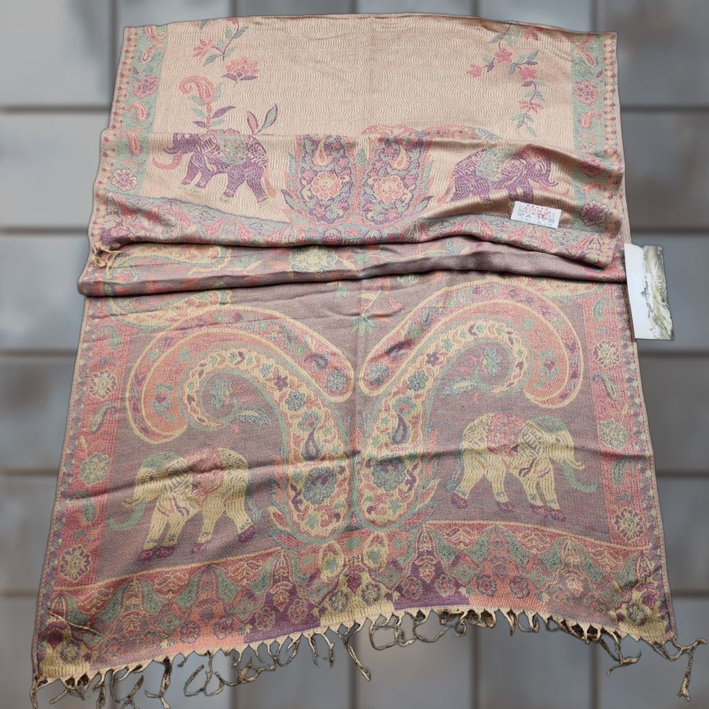 Vintage VINTAGE Jerusalem Shawl Wrap Womens Paisley Elephant Print Cashmere Tan Pink Fringe Tassel Size ONE SIZE - 1 Thumbnail