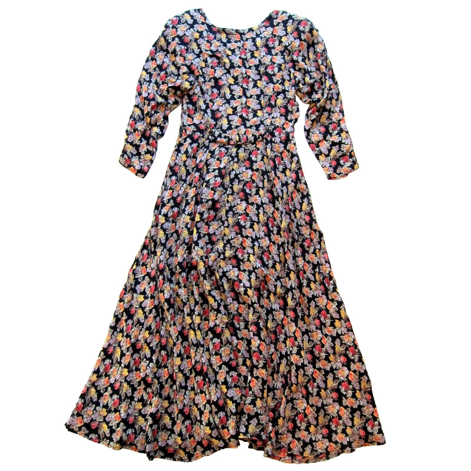 Vintage VTG 90's Rayon Pink Black Yellow Rose Floral 3/4 Sleeve Midi Prairie Dress S-M Dress Size S / US 4 / IT 40 - 2 Thumbnail