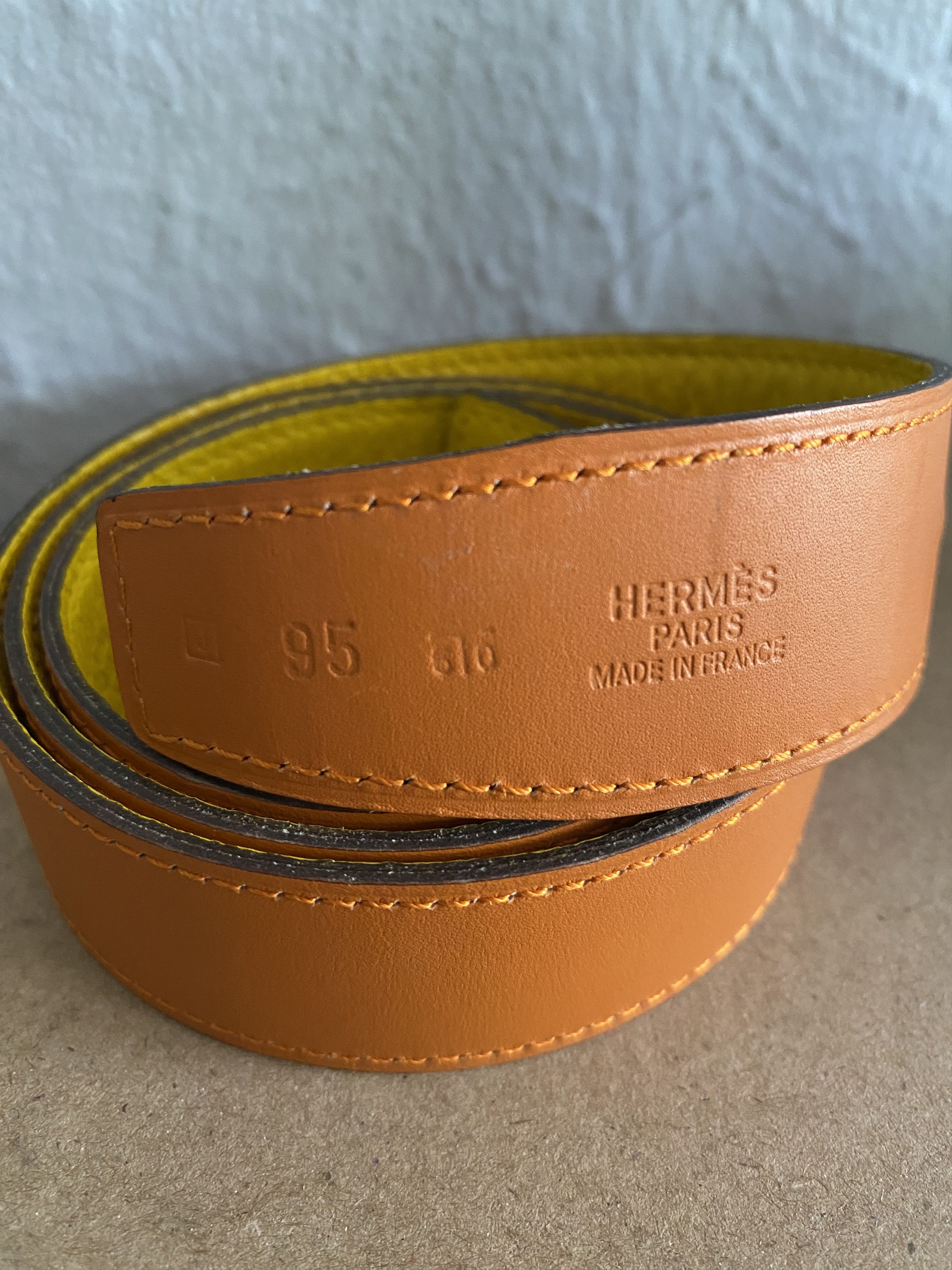 Hermes Reversible Brown and Yellow Leather Belt Hermes Constance H-buckle reversible belt, size 65, brown  main image 2