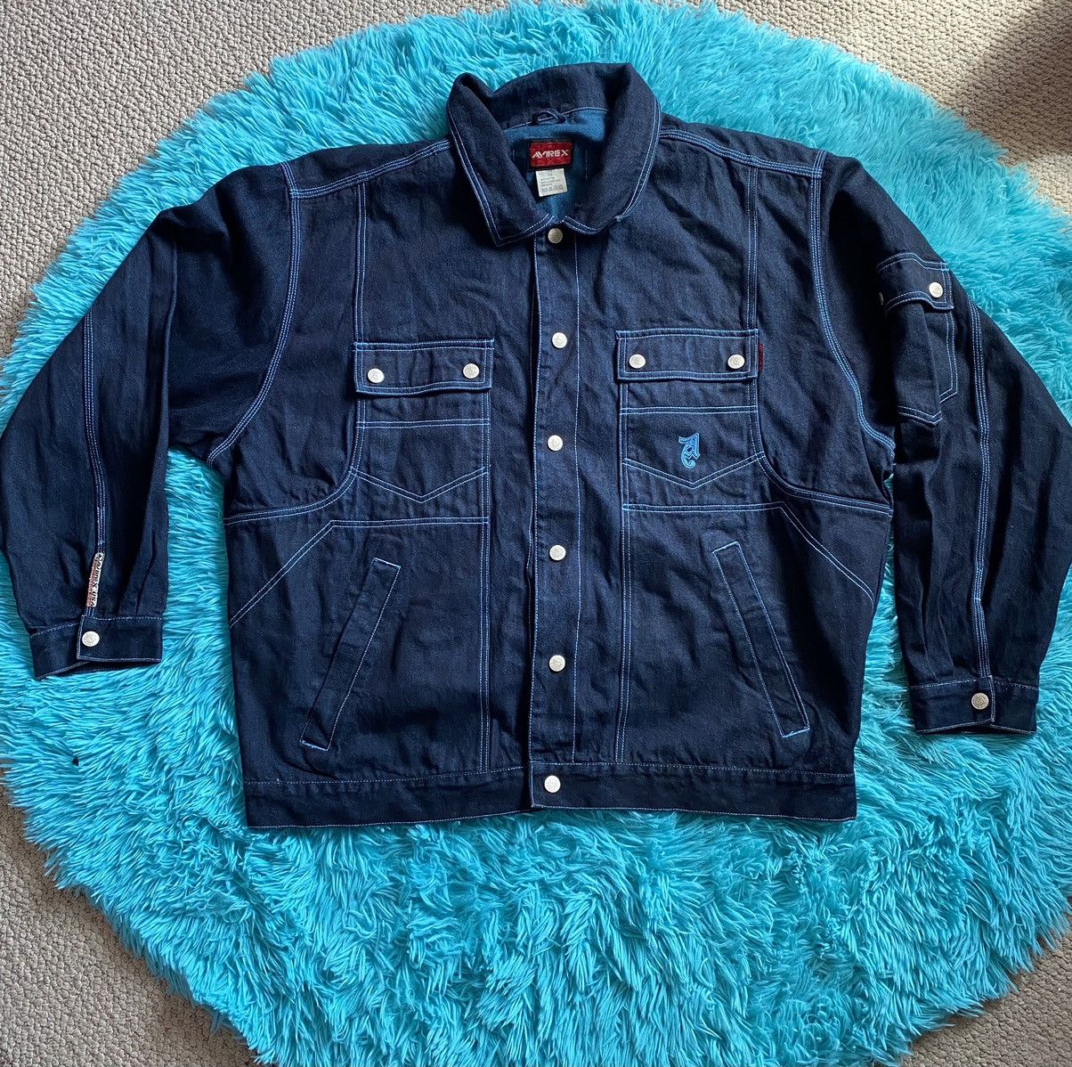 image of Vintage Y2K Avirex Denim Jean Blue Jacket, Men's (Size 2XL)