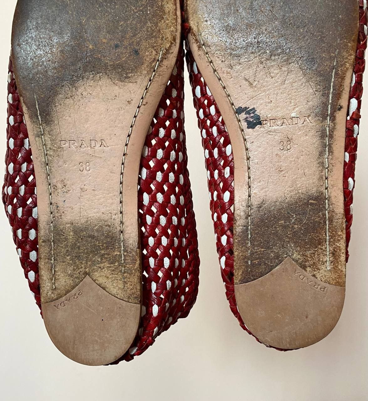 Prada × Vintage 📌Vintage PRADA Y2K Red + Metallic Silver Leather Woven Flats Size US 8 / IT 38 - 8 Thumbnail