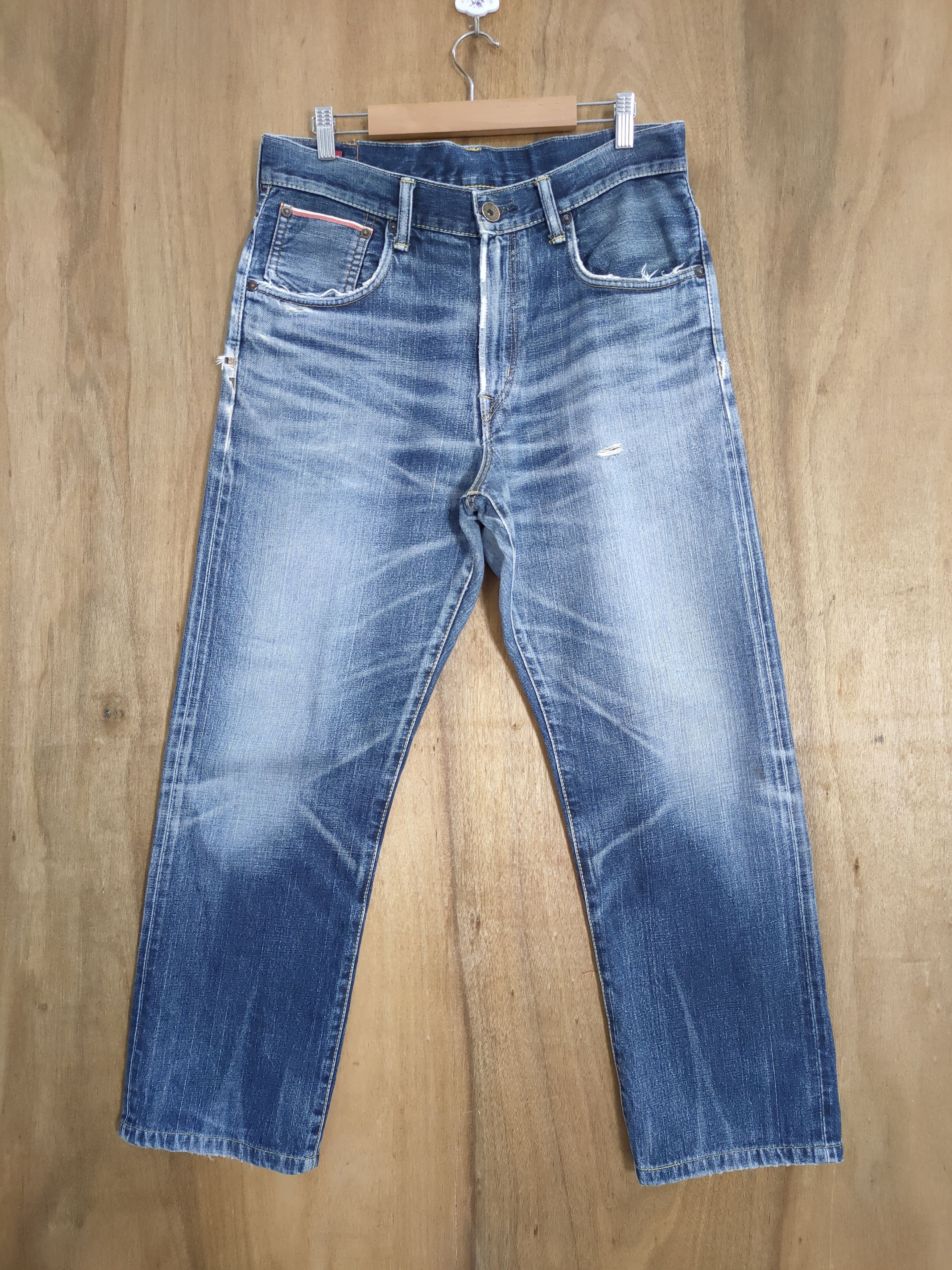 image of Distressed Denim x Edwin W32 Vintage Edwin Salvage Distressed Jeans Pants in Blue, Men's