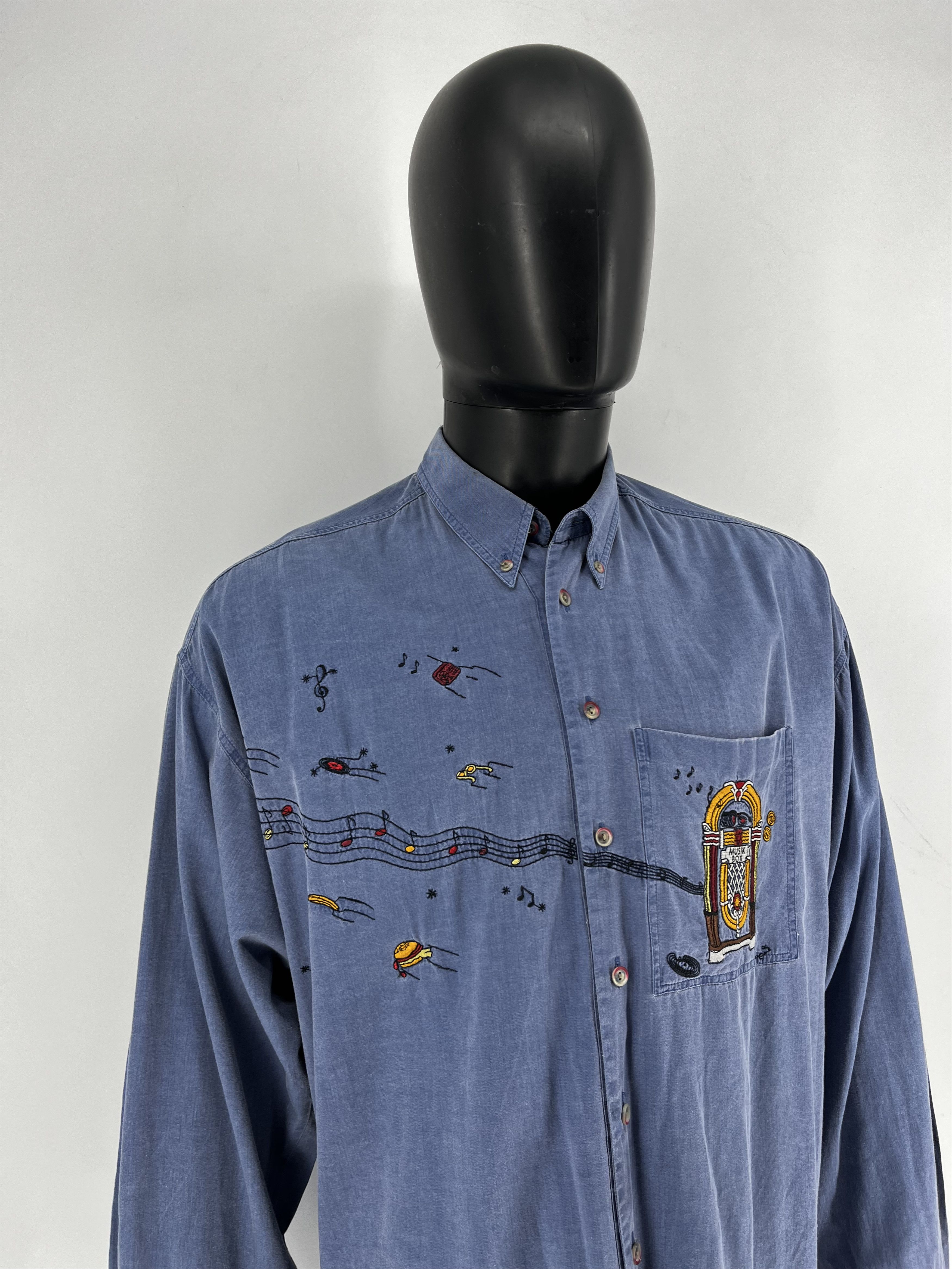 Haupt Haupt Germany Men’s Long Shirt Blue Embroidered Music Box Size US XL / EU 56 / 4 - 4 Thumbnail