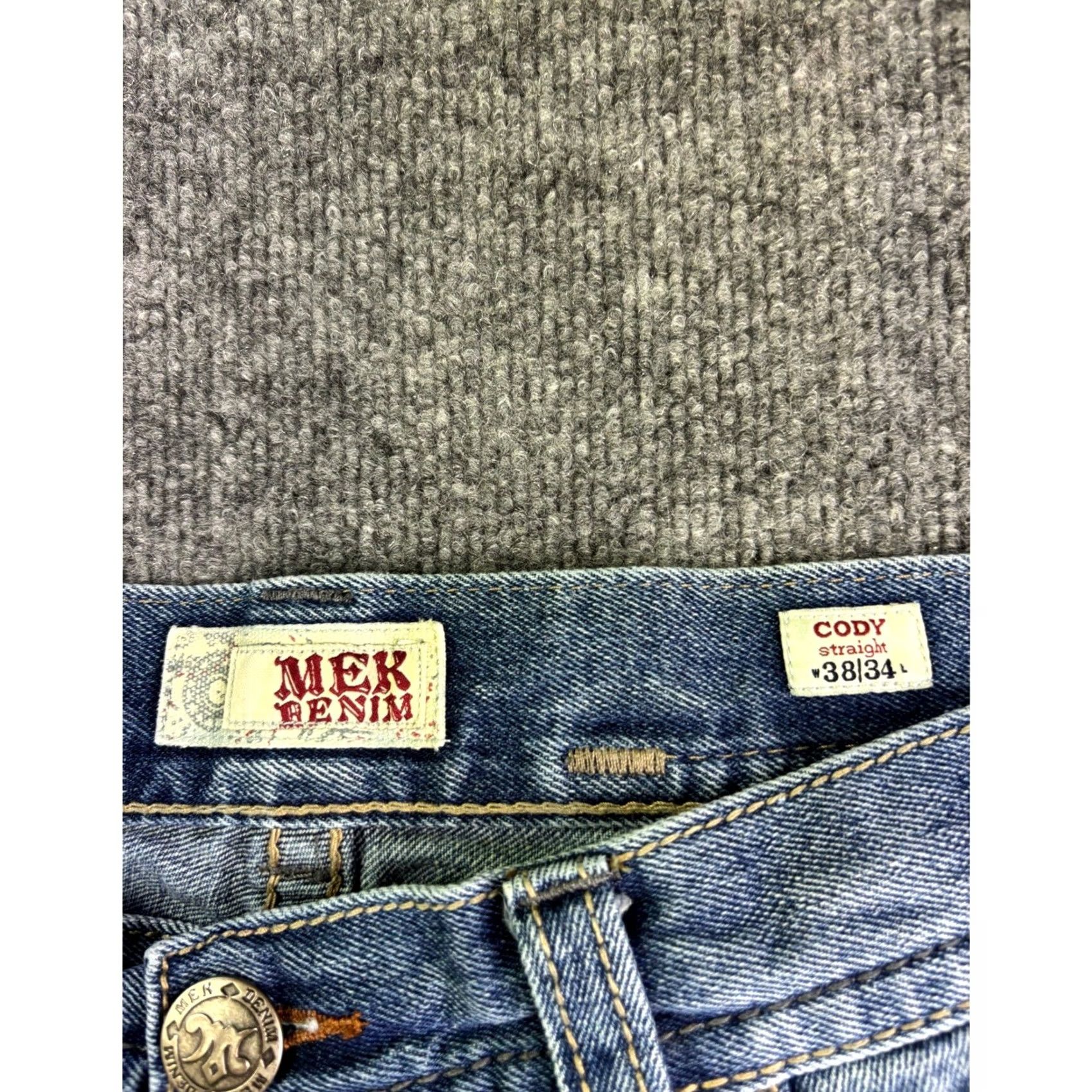 Denime MEK Denim Cody Straight Jeans Mens 38x34 Blue Embroidered Button Fly Denim Straight Reg Mid Rise 5-Pocket Modern Vintage Look Size US 38 / EU 54 - 2 Thumbnail