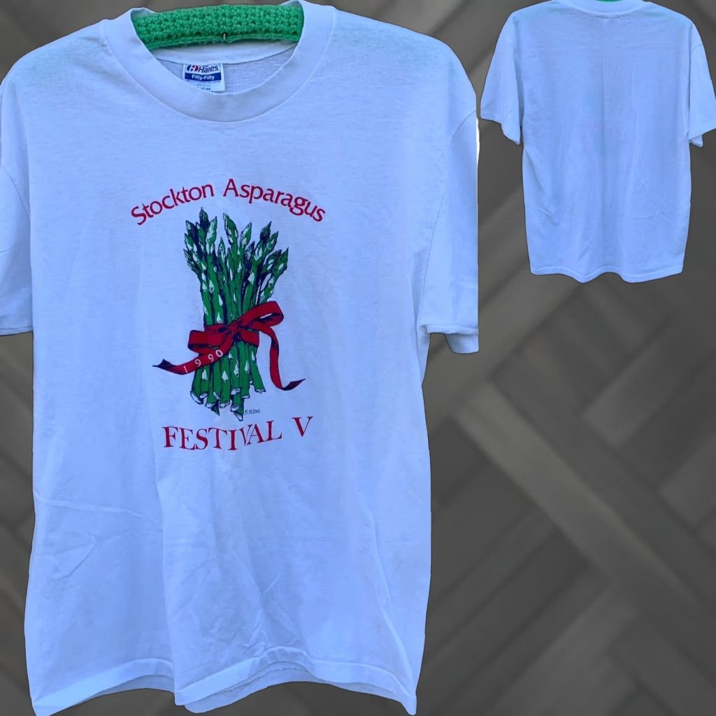 Hanes VINTAGE Hanes Stockton Asparagus Festival V T-Shirt L White 1990s Mens Graphic Tee Short Sleeve Made In USA Size US L / EU 52-54 / 3 - 1 Thumbnail