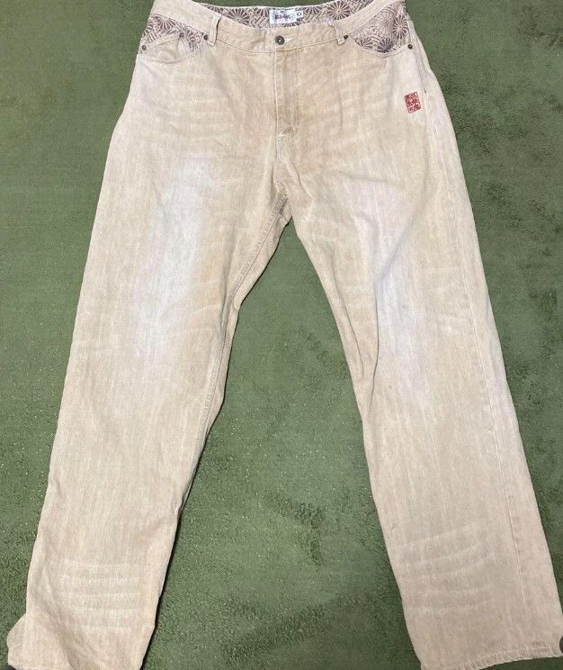 Karakuri Tamashii Karakuri Tamashii Embroidered Beige Denim Jeans Japanese Big Size US 38 / EU 54 - 2 Thumbnail