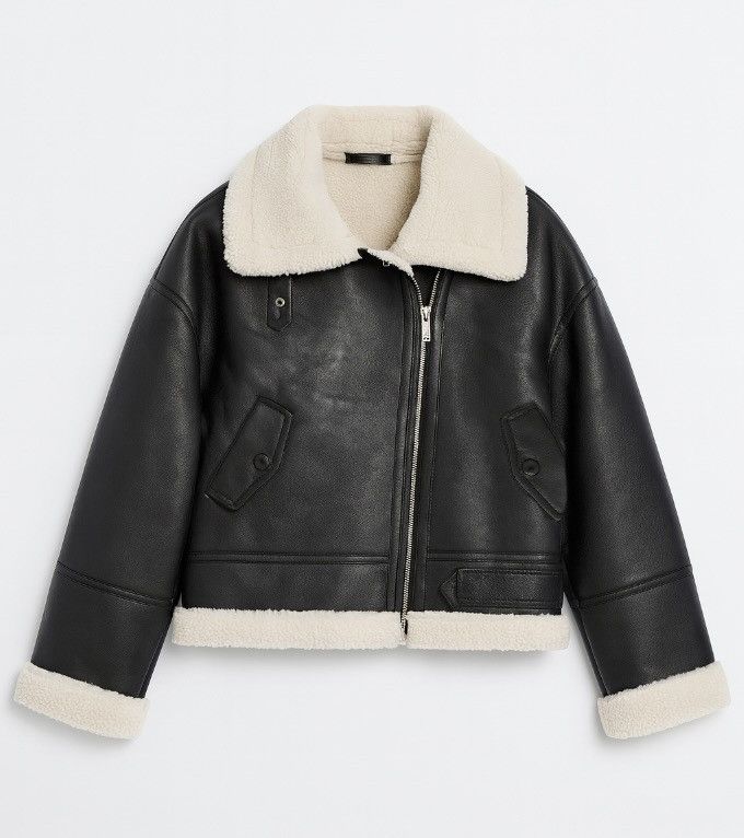 Other Aura Aviator Faux Shearling Jacket Black Cropped Winter Coat Size ONE SIZE - 2 Thumbnail