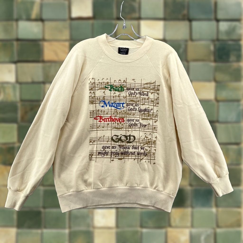 Buttero VINTAGE Platinum Sweats Sweatshirt Large Yellow Classical Music Notes God Unisex Adults Crew Neck Graphic Print 90s Music Size US L / EU 52-54 / 3 - 1 Thumbnail