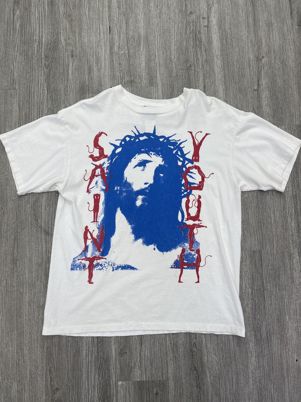 Saint Michael Saint Michael Ribon Saint T-shirt White/Blue | Grailed