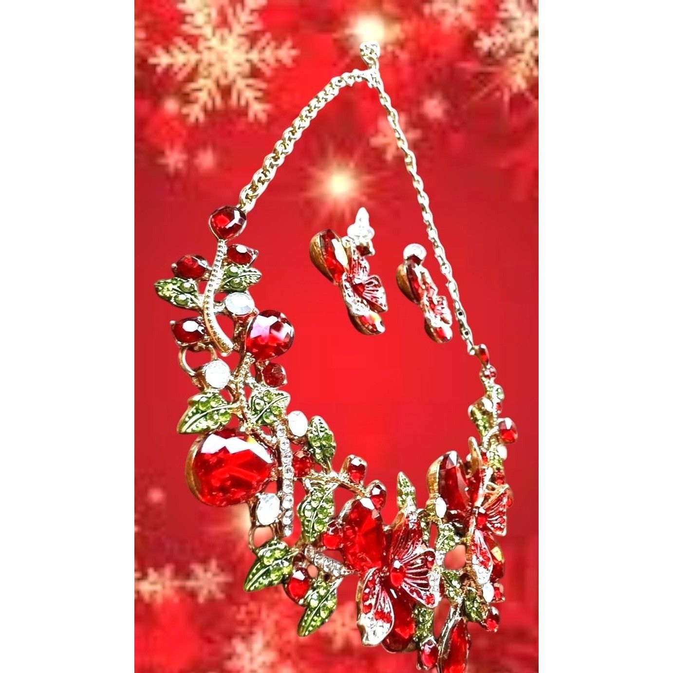 Handmade Red Floral Crystal Necklace Earrings Set New Christmas Jewel Size ONE SIZE - 6 Thumbnail