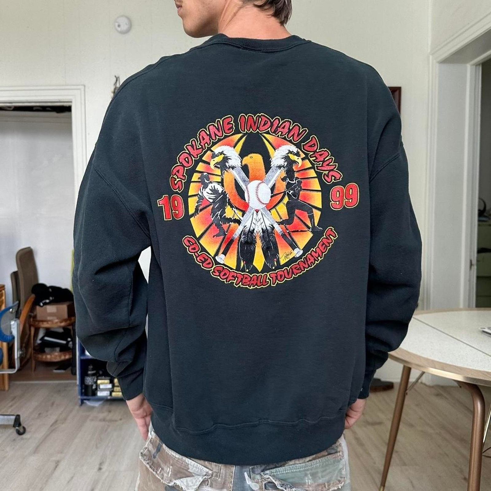 Vintage Vintage 90s Spokane Indian Softball Black Faded Crewneck Size US L / EU 52-54 / 3 - 6 Thumbnail