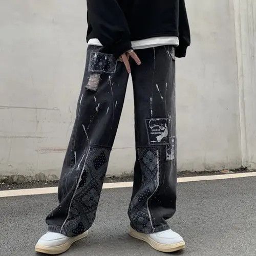 Jean Bandana Patchwork Straight Leg Baggy Jeans Size US 30 / EU 46 - 3 Thumbnail