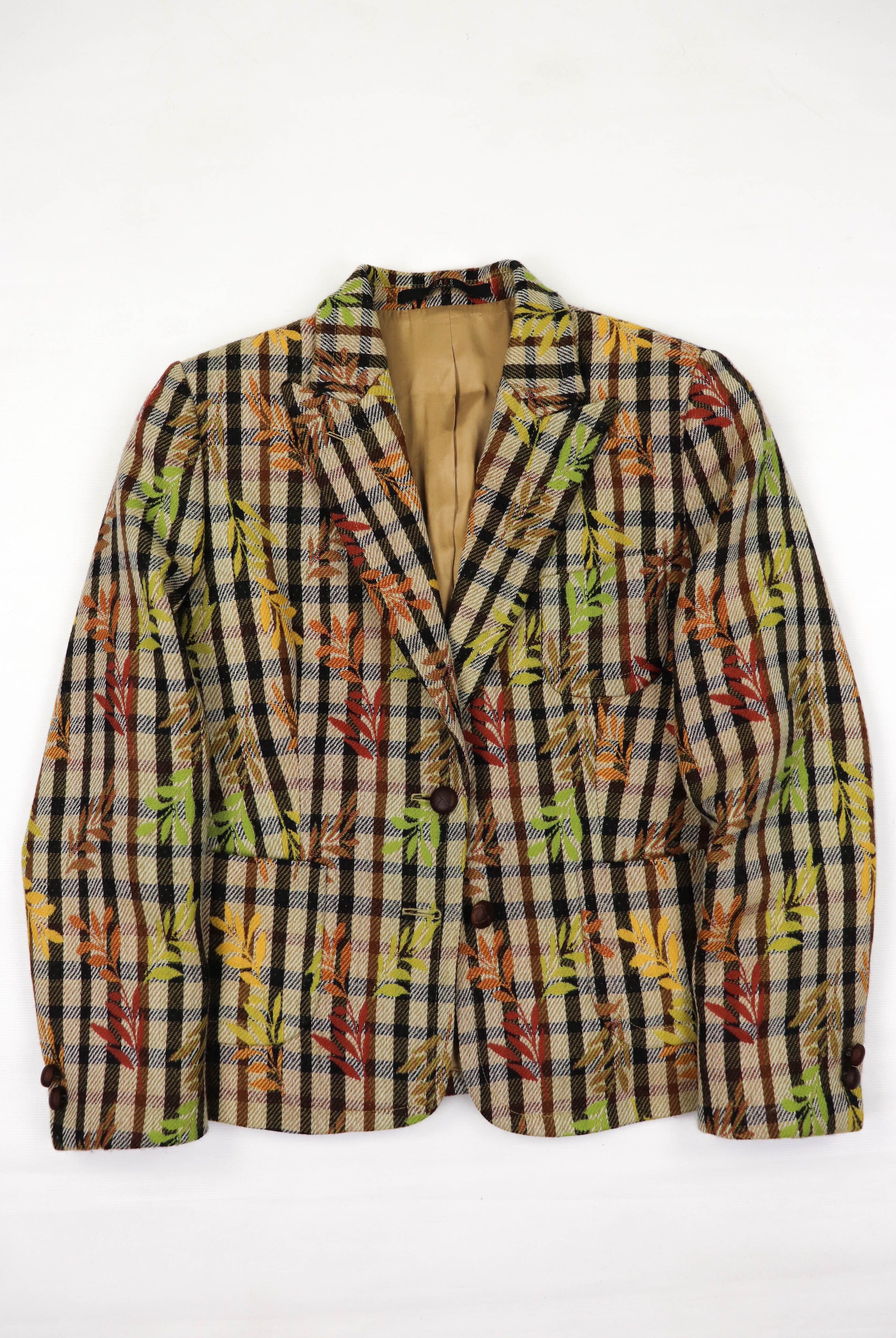 image of Daks London Floral Multicolor Checked Wool Sport Coat Blazer in Beige, Women's (Size Large)