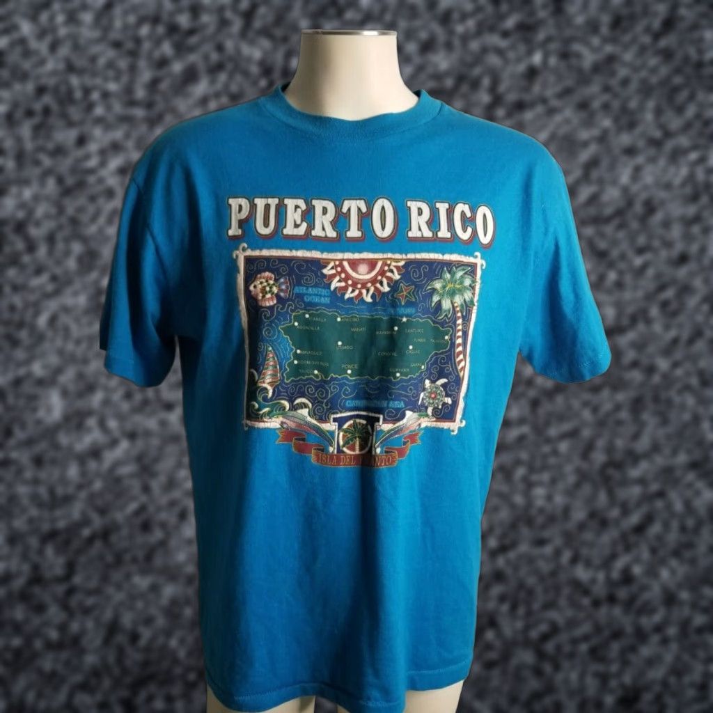 Vintage VINTAGE America Mens Large Blue Graphic T-Shirt Puerto Rico Map Travel Souvenir 50/50 Short Sleeve Crew Neck Single Stitch Graphic Print Size US L / EU 52-54 / 3 - 1 Thumbnail