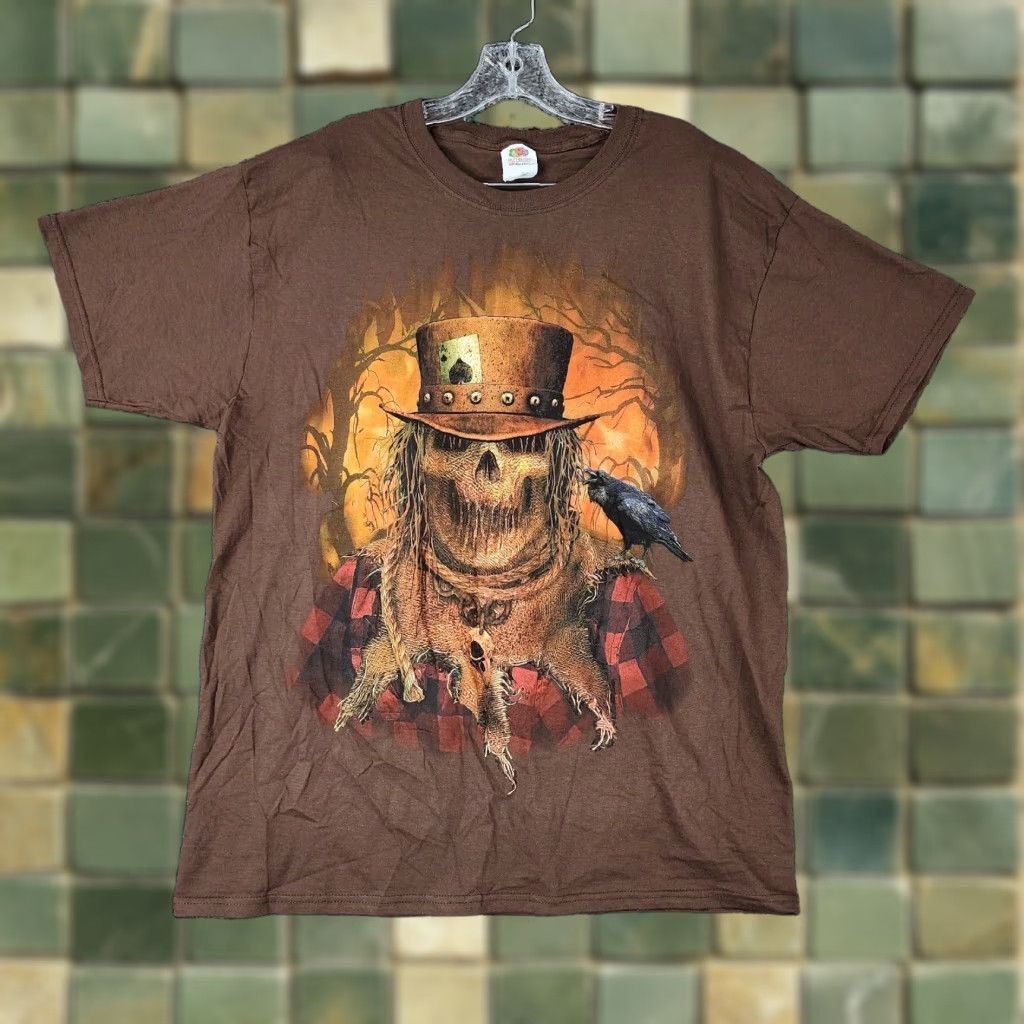 Fruit Of The Loom VINTAGE Fruit of the Loom Scary Scarecrow T-Shirt Brown Short Sleeve Mens L Graphic Tee Size L Size US 33 - 1 Thumbnail